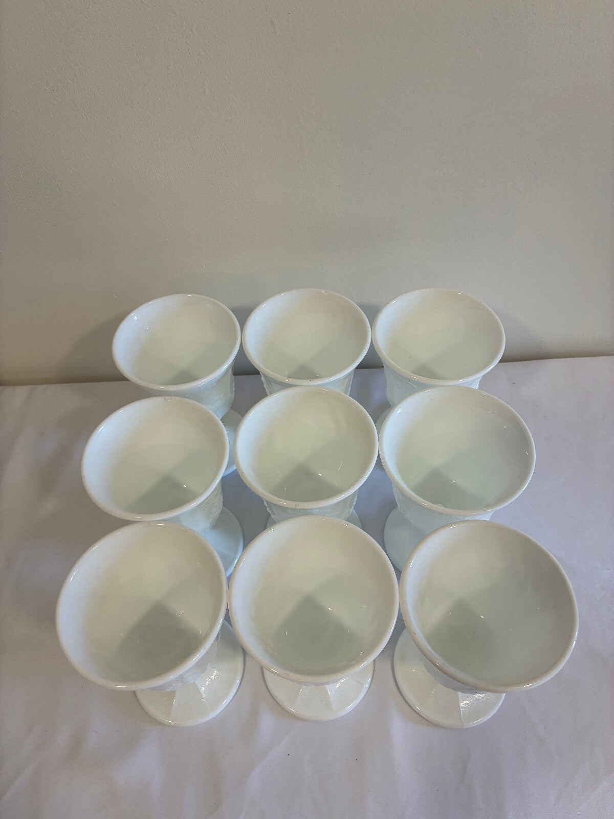 Vintage Milk Glass Goblets Set of 9, White Grape Vine Pattern w/ Pedestal Base
