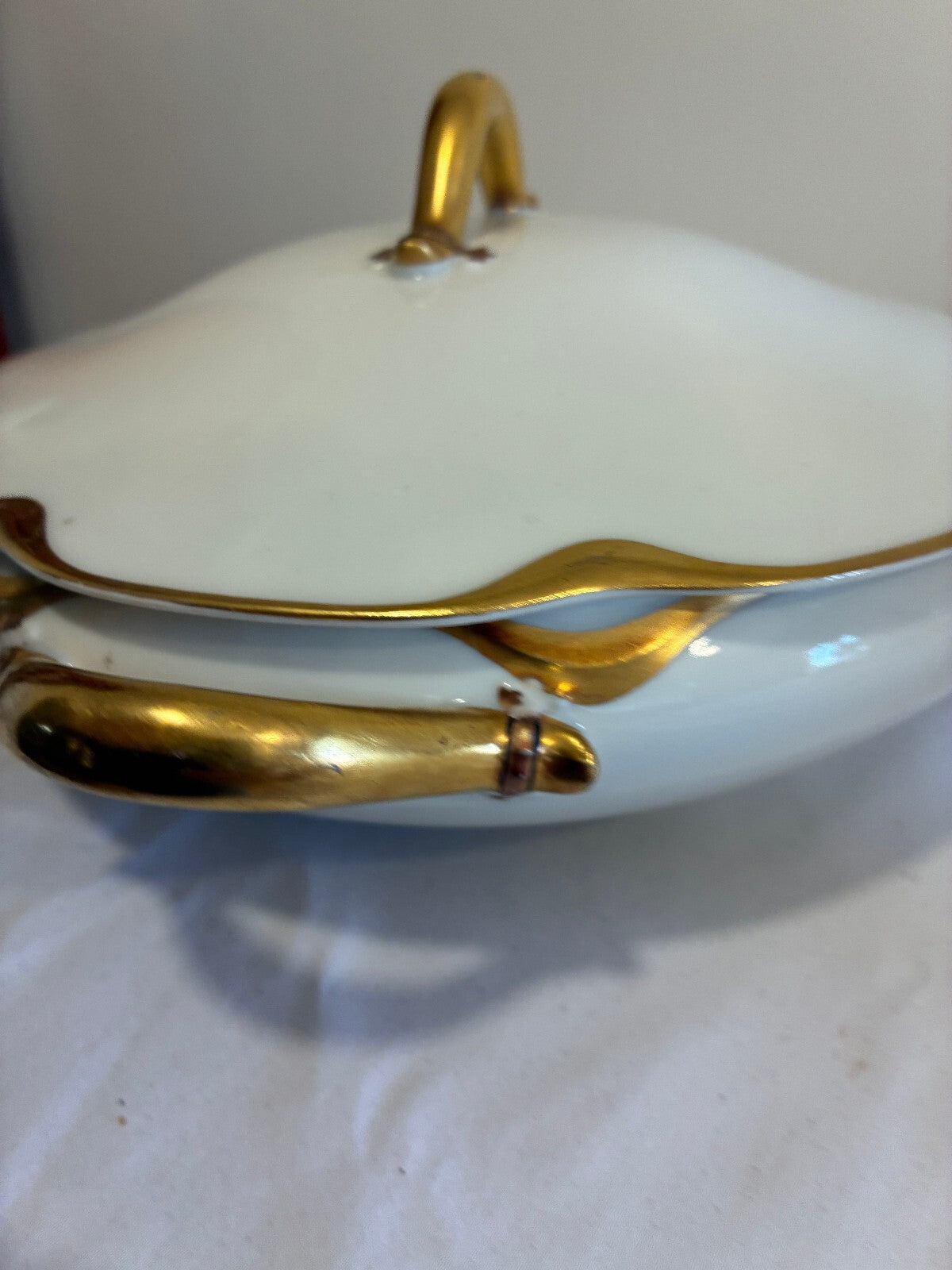 Antique Haviland Limoges Covered Tureen, White & Gold Handled Serving Dish