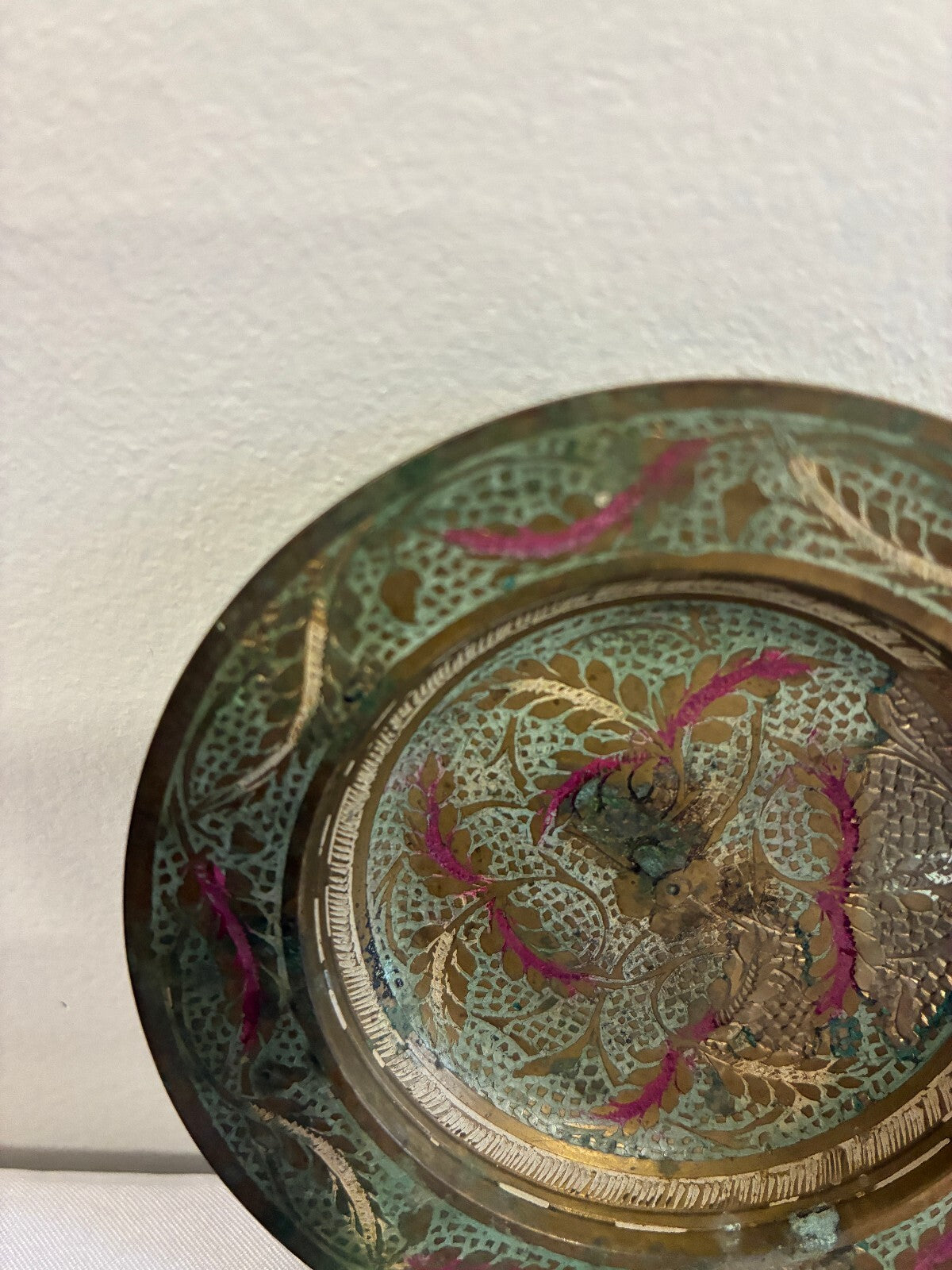 Vintage Indian Brass Dish, Etched Floral Enamel Trinket Dish, Boho Catchall