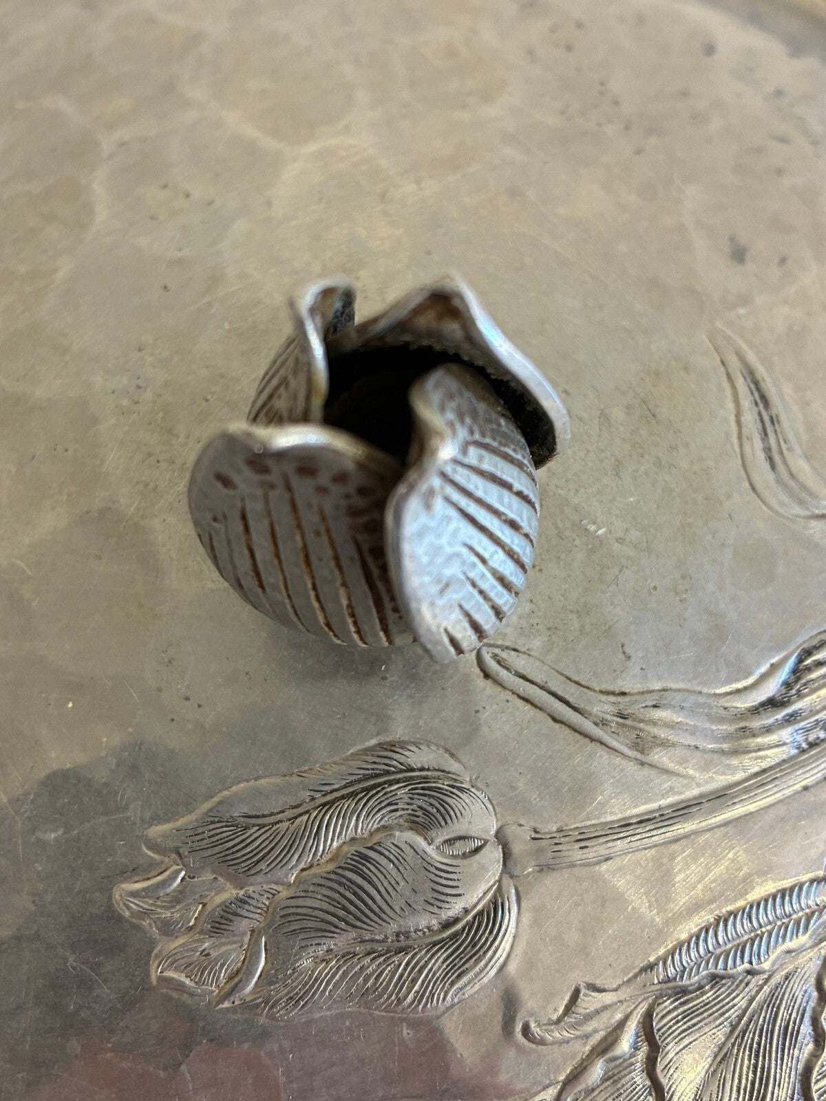 Vintage Hammered Aluminum Lidded Serving Dish | Tulip Flower Finial Casserole