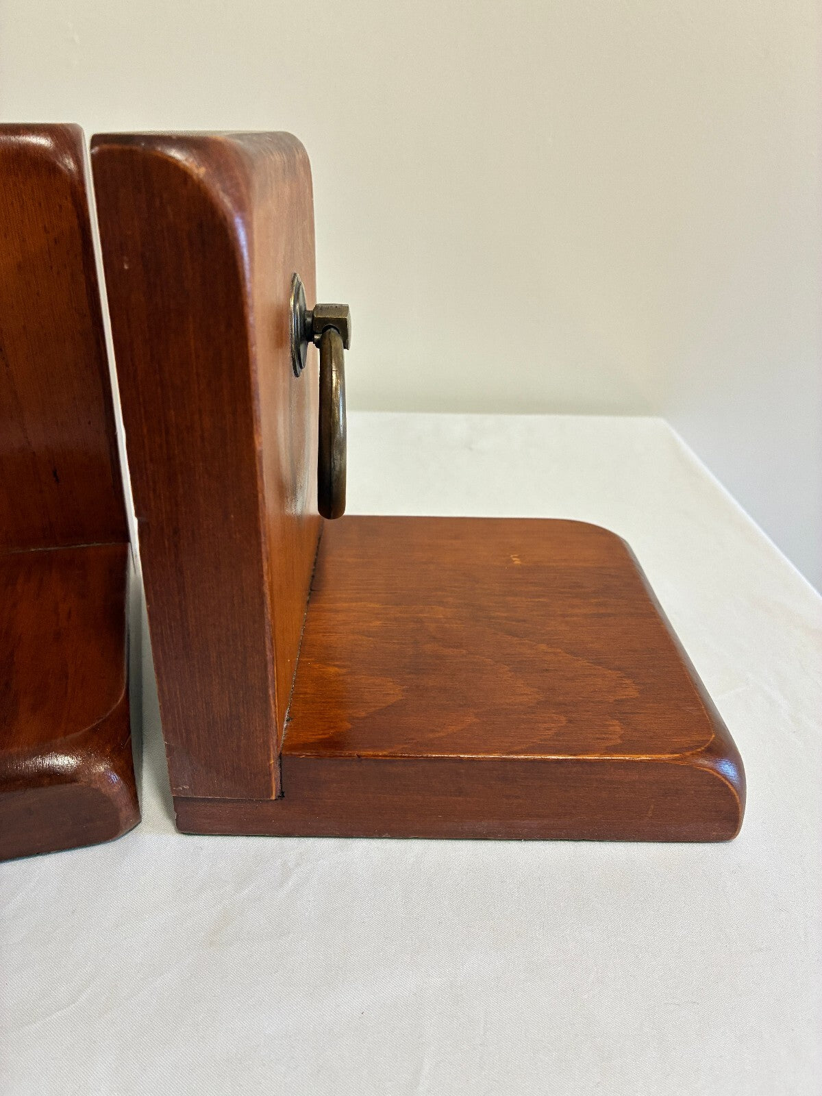 Vintage Wood Bookends with Brass Ring Pulls | Mid-Century Bookends, Set of 2