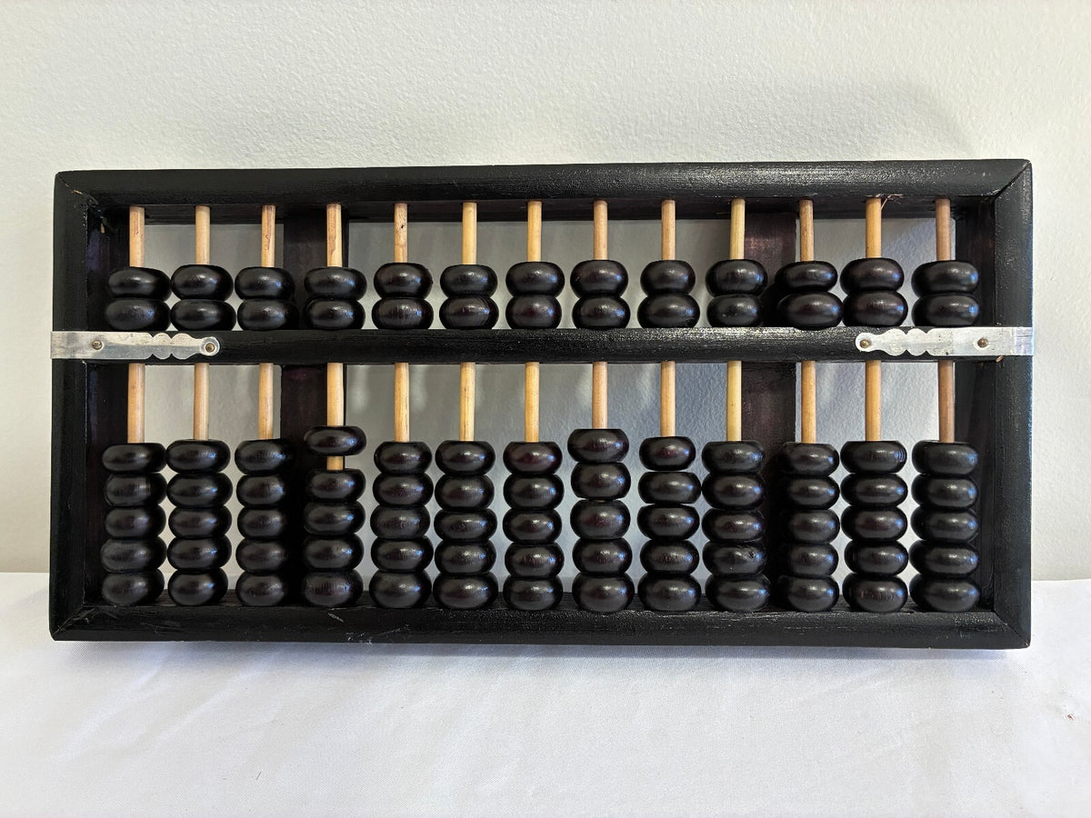 Vintage Asian Wood Abacus, Black with Metal, 13-Rod Counting Frame, Black Beads