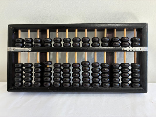 Vintage Asian Wood Abacus, Black with Metal, 13-Rod Counting Frame, Black Beads