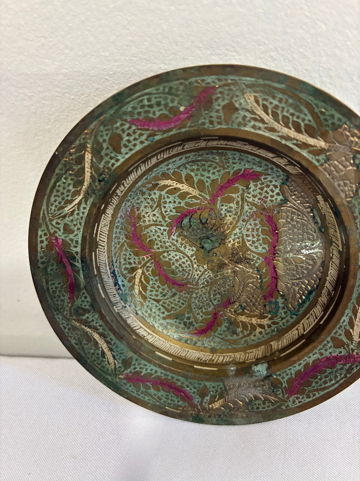 Vintage Indian Brass Dish, Etched Floral Enamel Trinket Dish, Boho Catchall