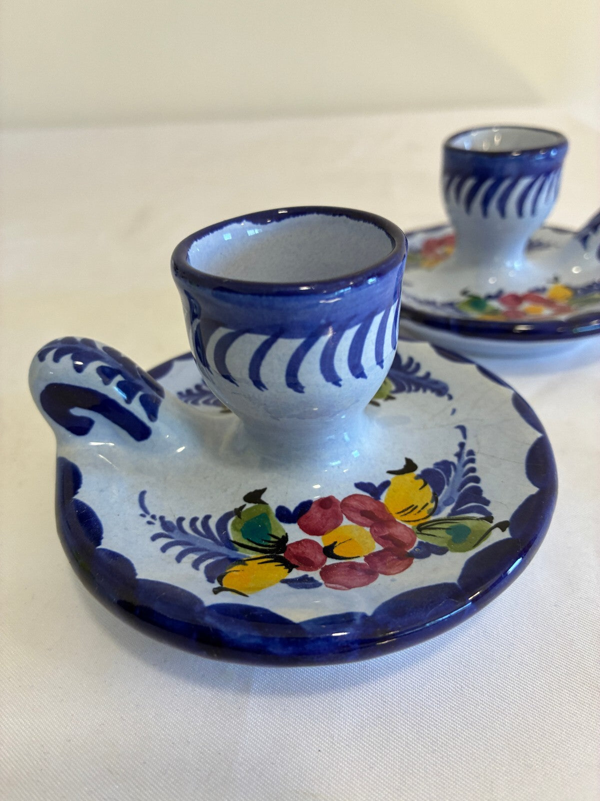 Vintage Pair of Alcobaça Portugal Candle Holders, Hand Painted Blue Floral