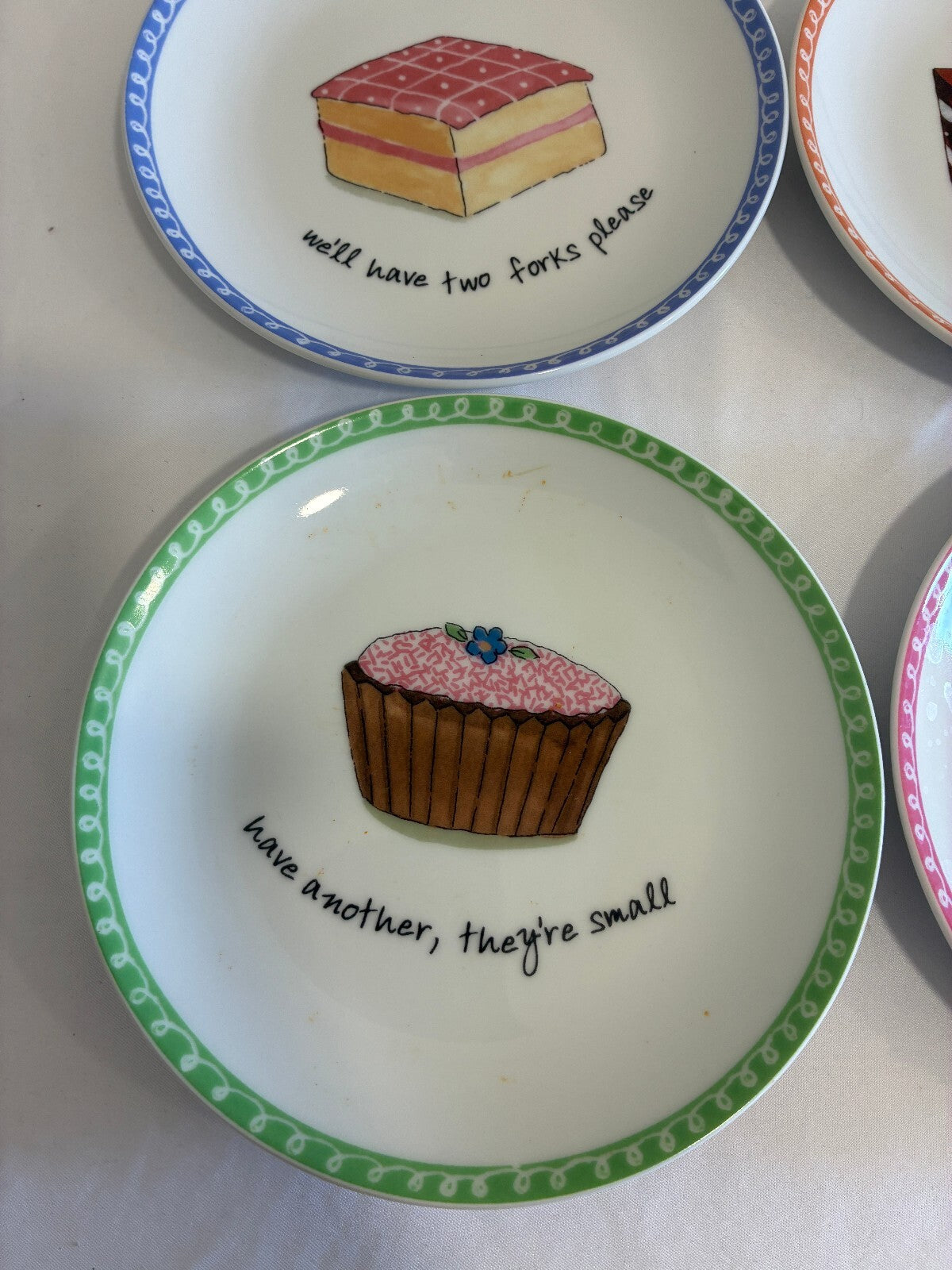 Cute Set of 4 Nancy Green Cake Plates with Funny Dessert Plate Quotes