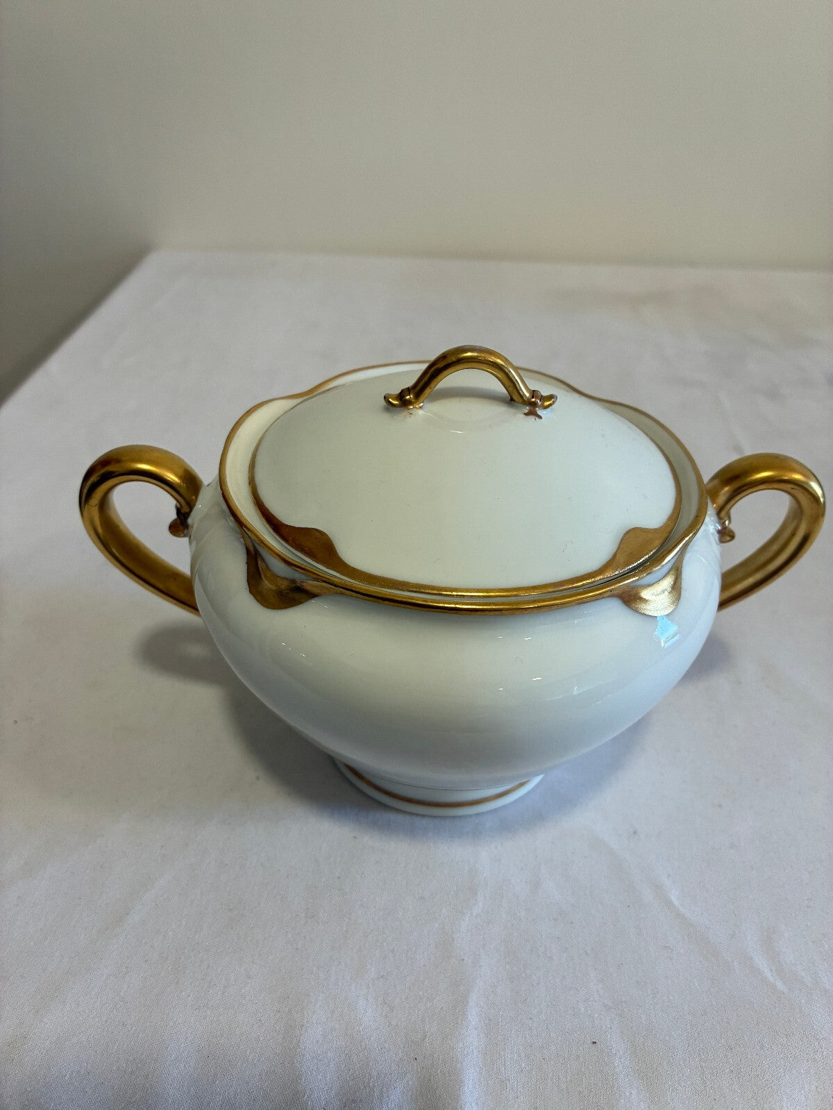 Antique Haviland & Co Limoges Covered Sugar Bowl | Gold Handle French Porcelain