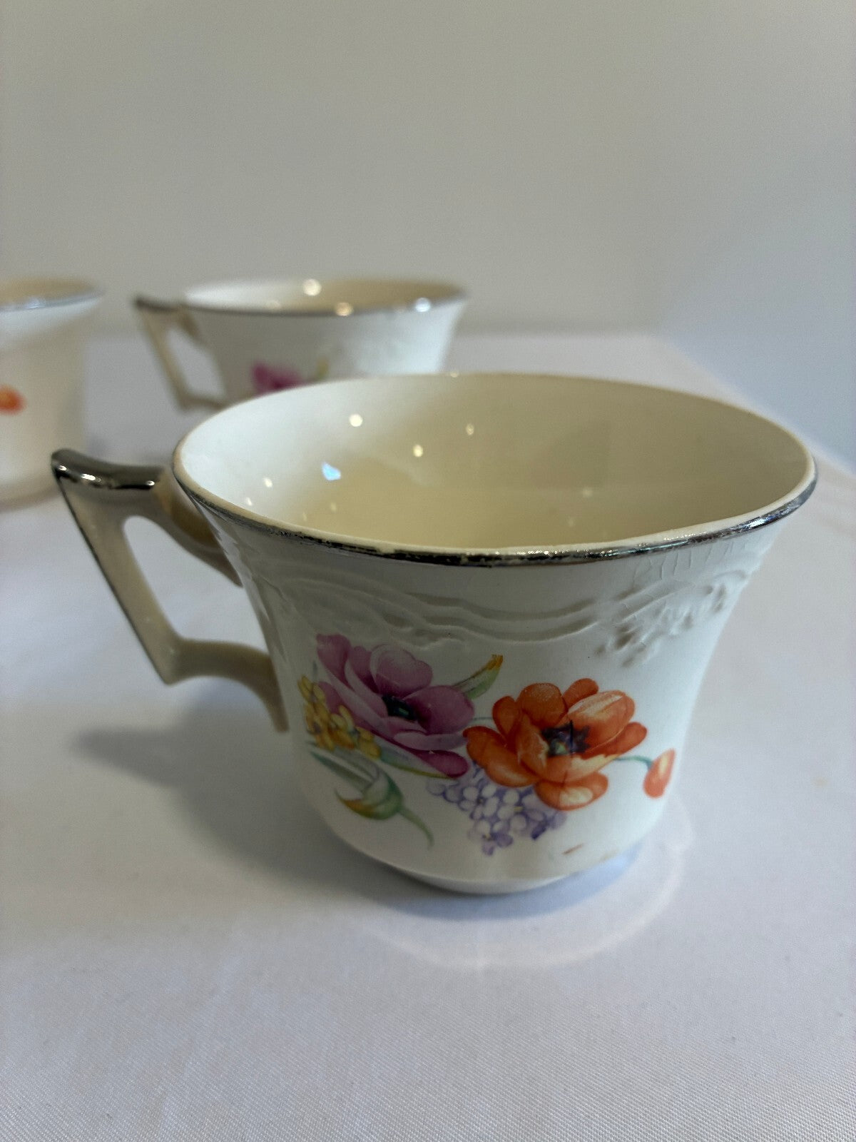 Vintage Ivory China Teacups with Platinum Trim, Set of 6 | Poppy Floral Pattern