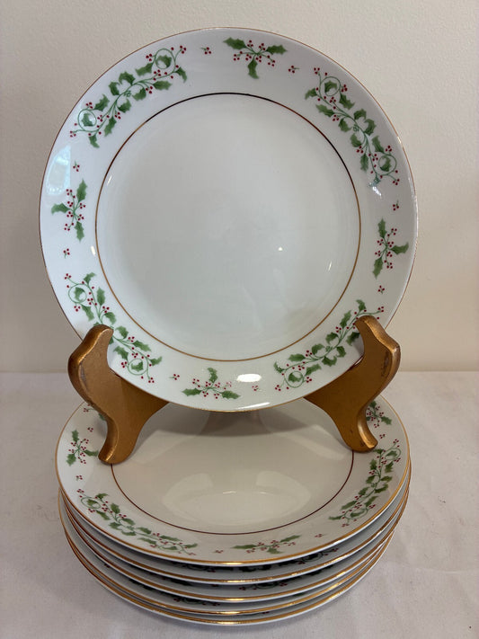 Vintage Holly Berry Christmas Dessert Plates With Gold Trim, Set of 6