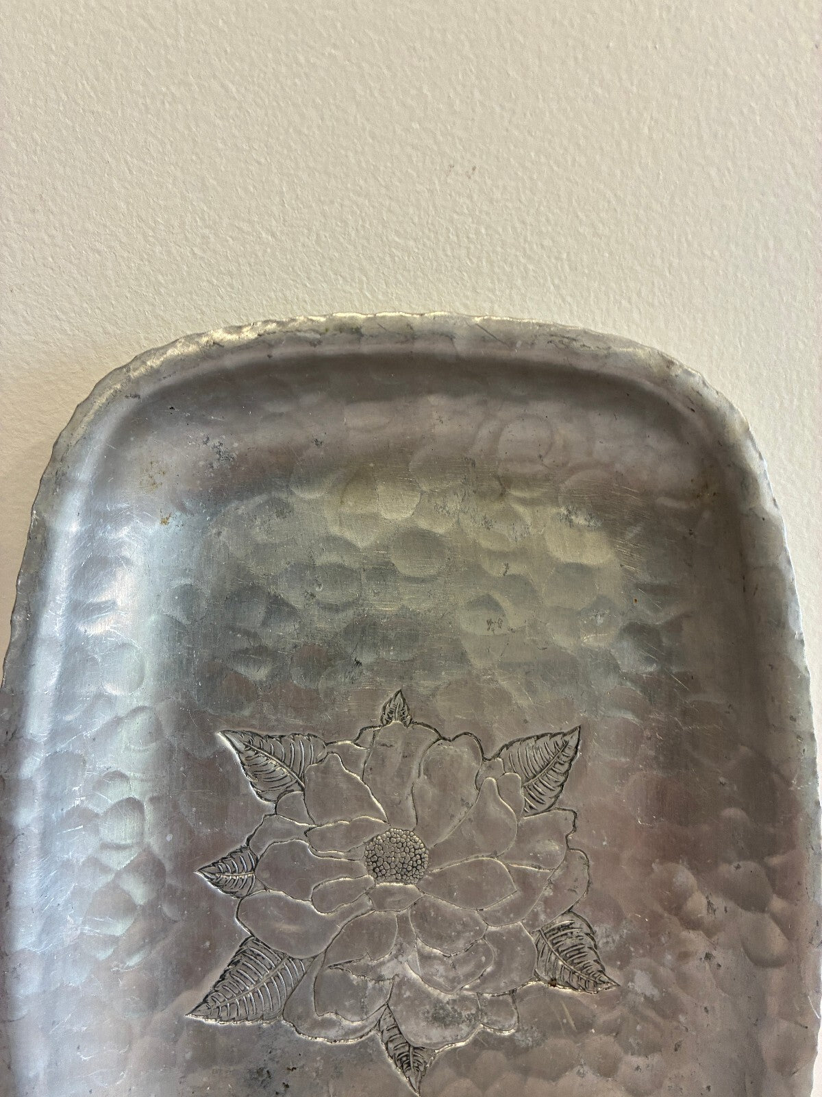 Vintage Farberware Wrought Aluminum Tray | Etched Flower Hammered Serving Dish