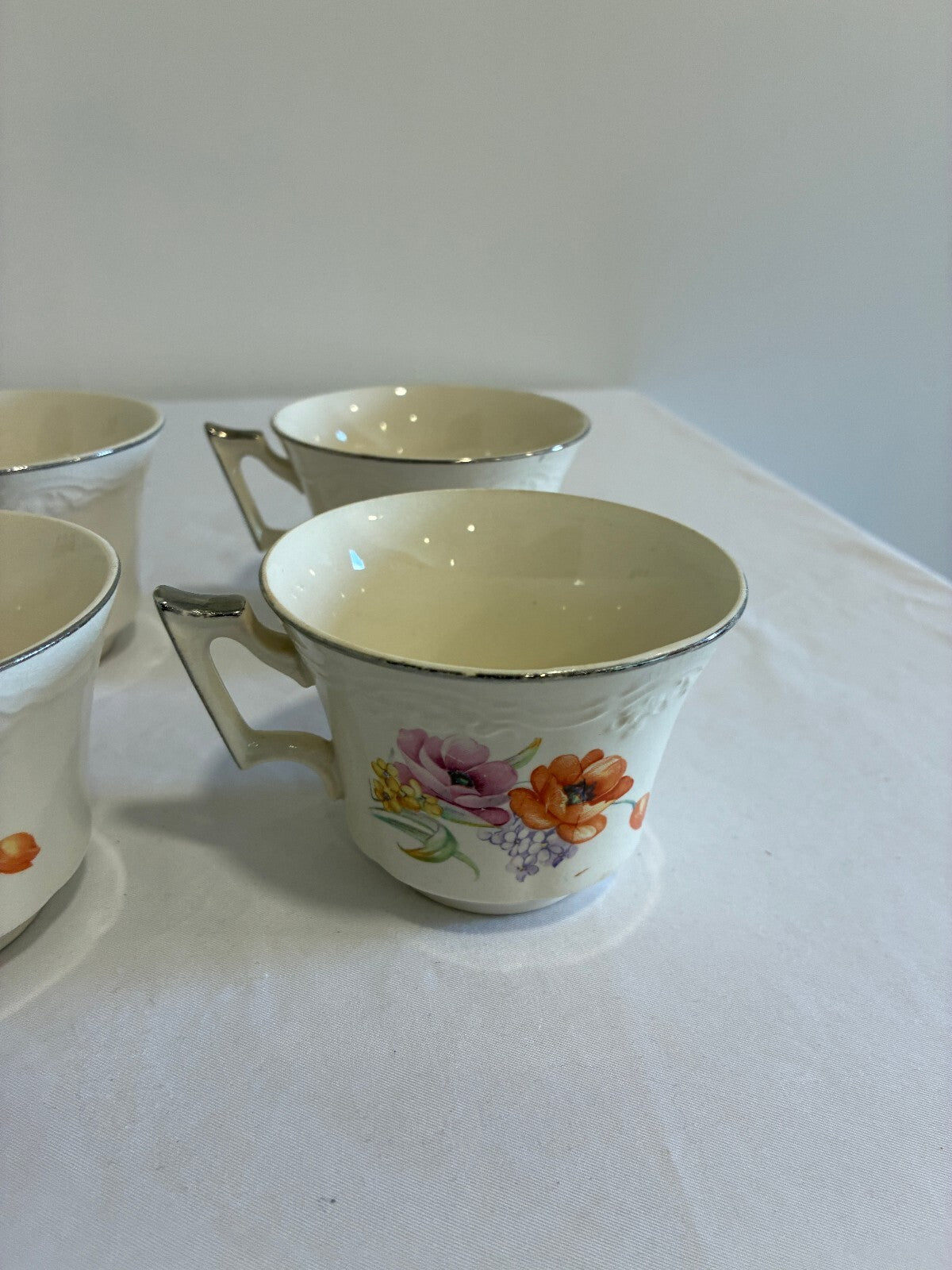 Vintage Ivory China Teacups with Platinum Trim, Set of 6 | Poppy Floral Pattern