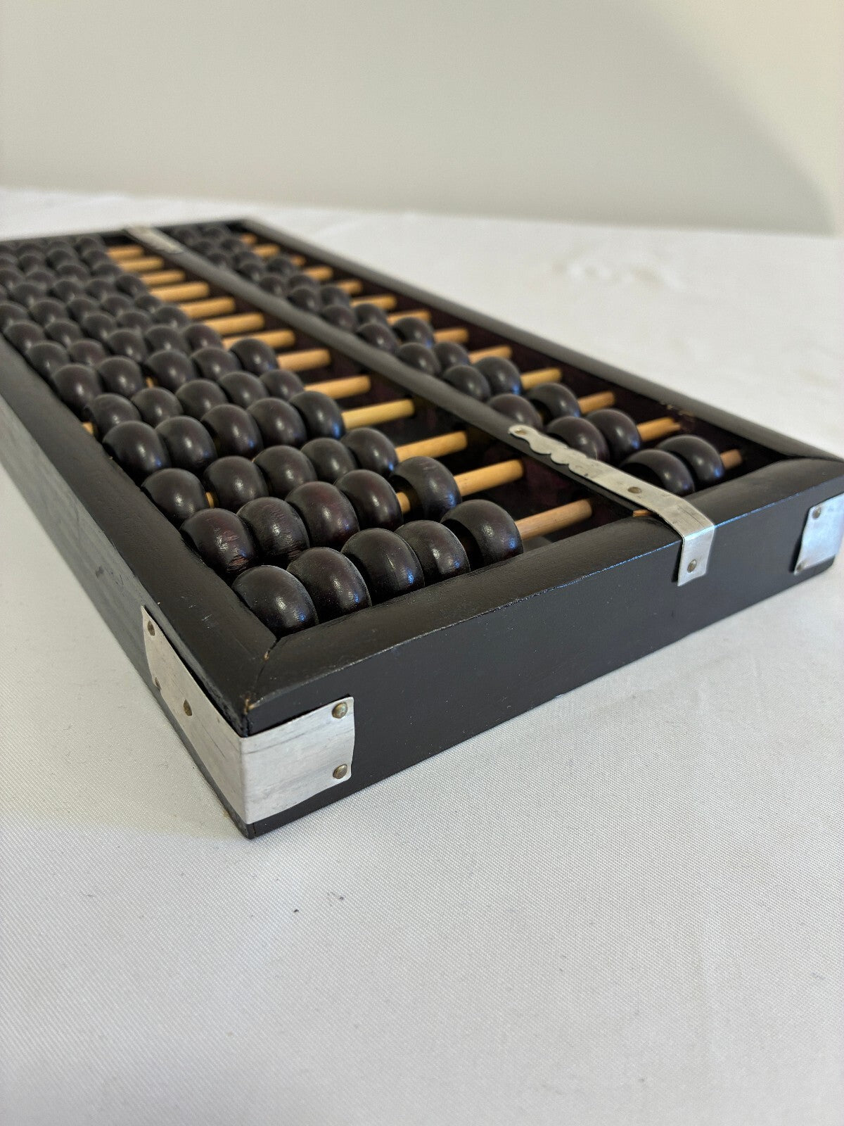 Vintage Asian Wood Abacus, Black with Metal, 13-Rod Counting Frame, Black Beads