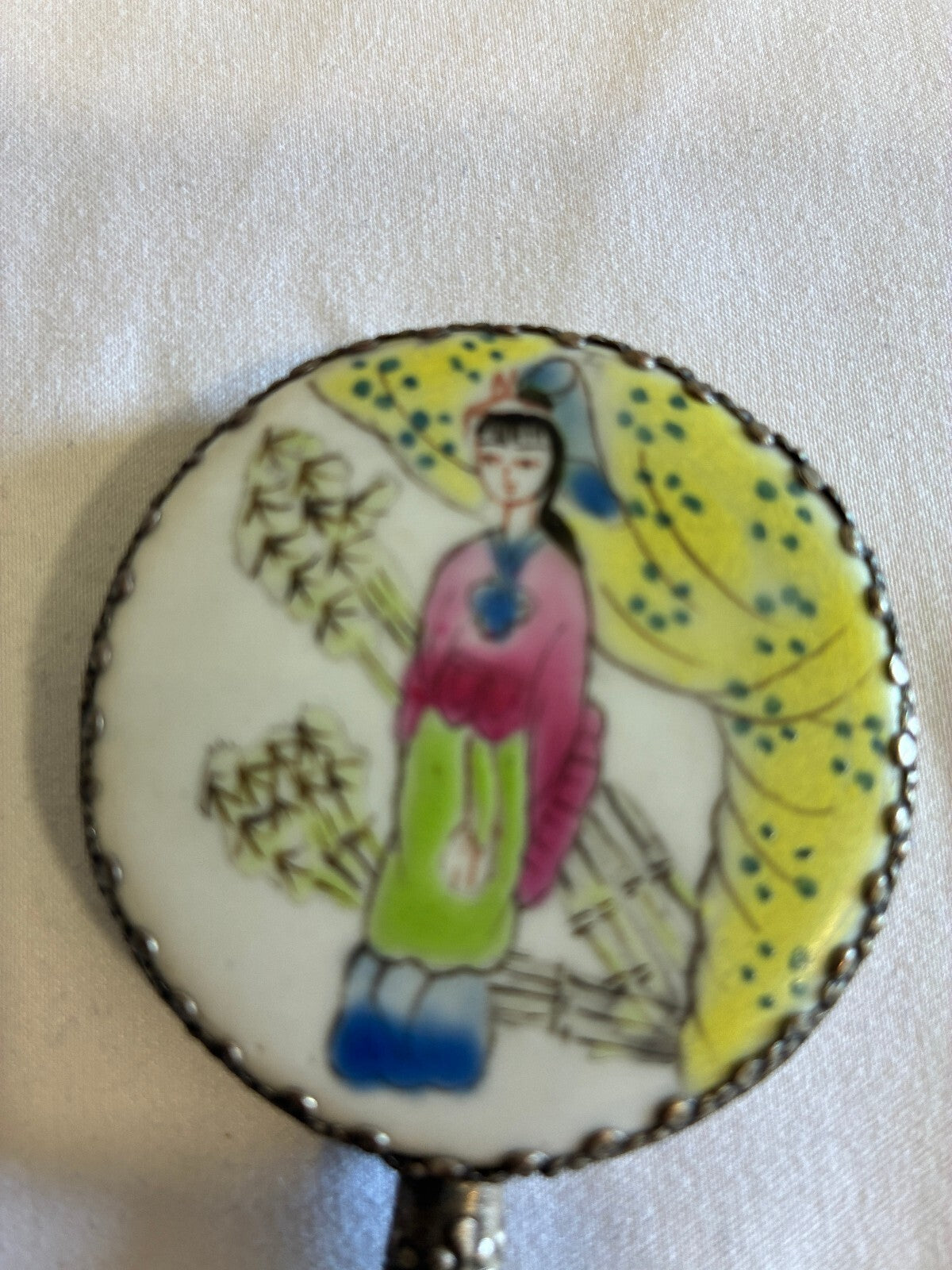Vintage Painted Hand Mirror Jade Handle Silver Frame Asian Lady Scene