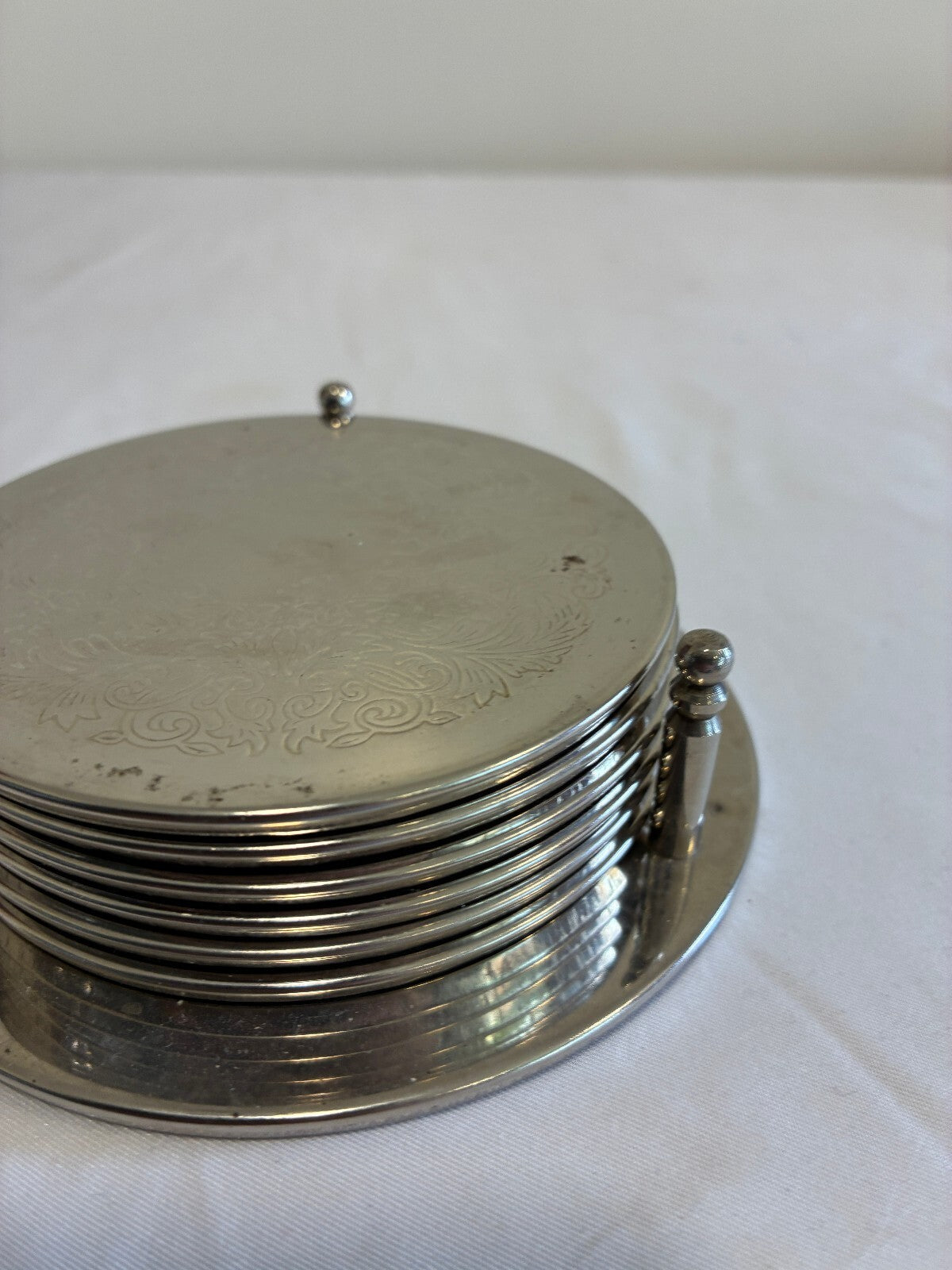 Vintage Set of 6 Silver Coasters with Holder Engraved Floral