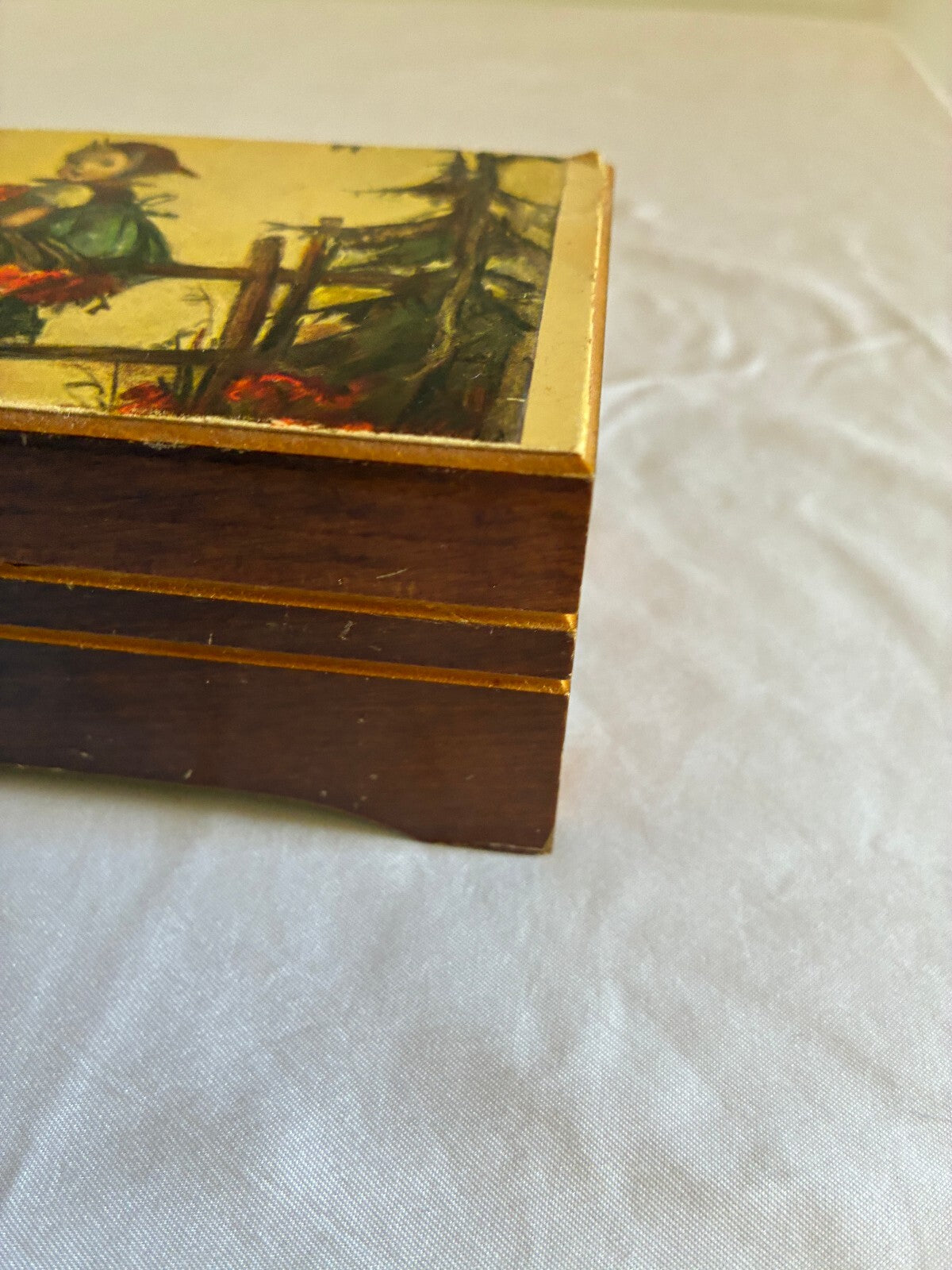 Vintage Reuge Swiss Music Box | Hummel Style Girl Print Wooden Trinket Box