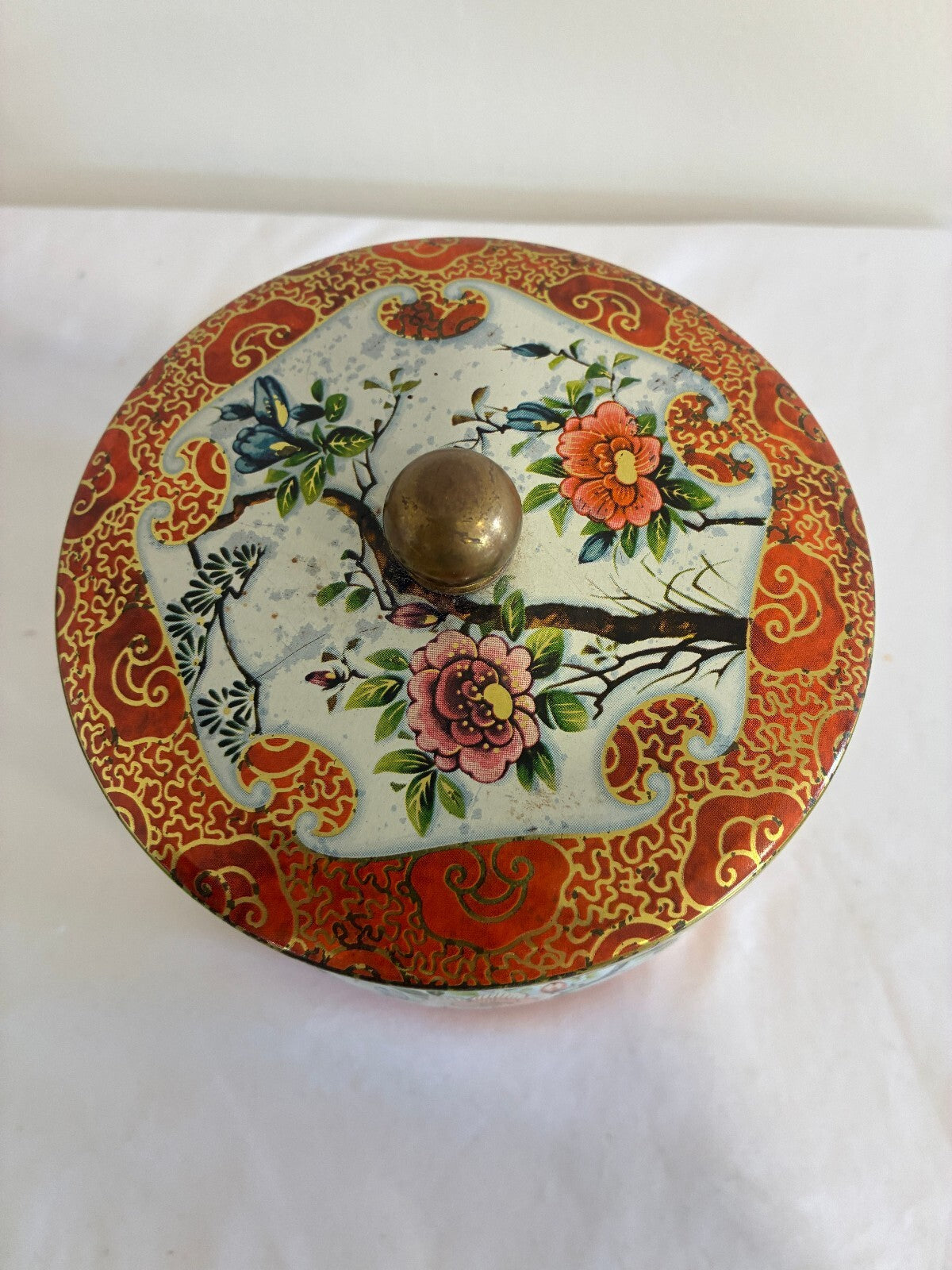 Vintage Daher Tin, Brass Knob Lid, Orange Chinoiserie Canister, Made in England