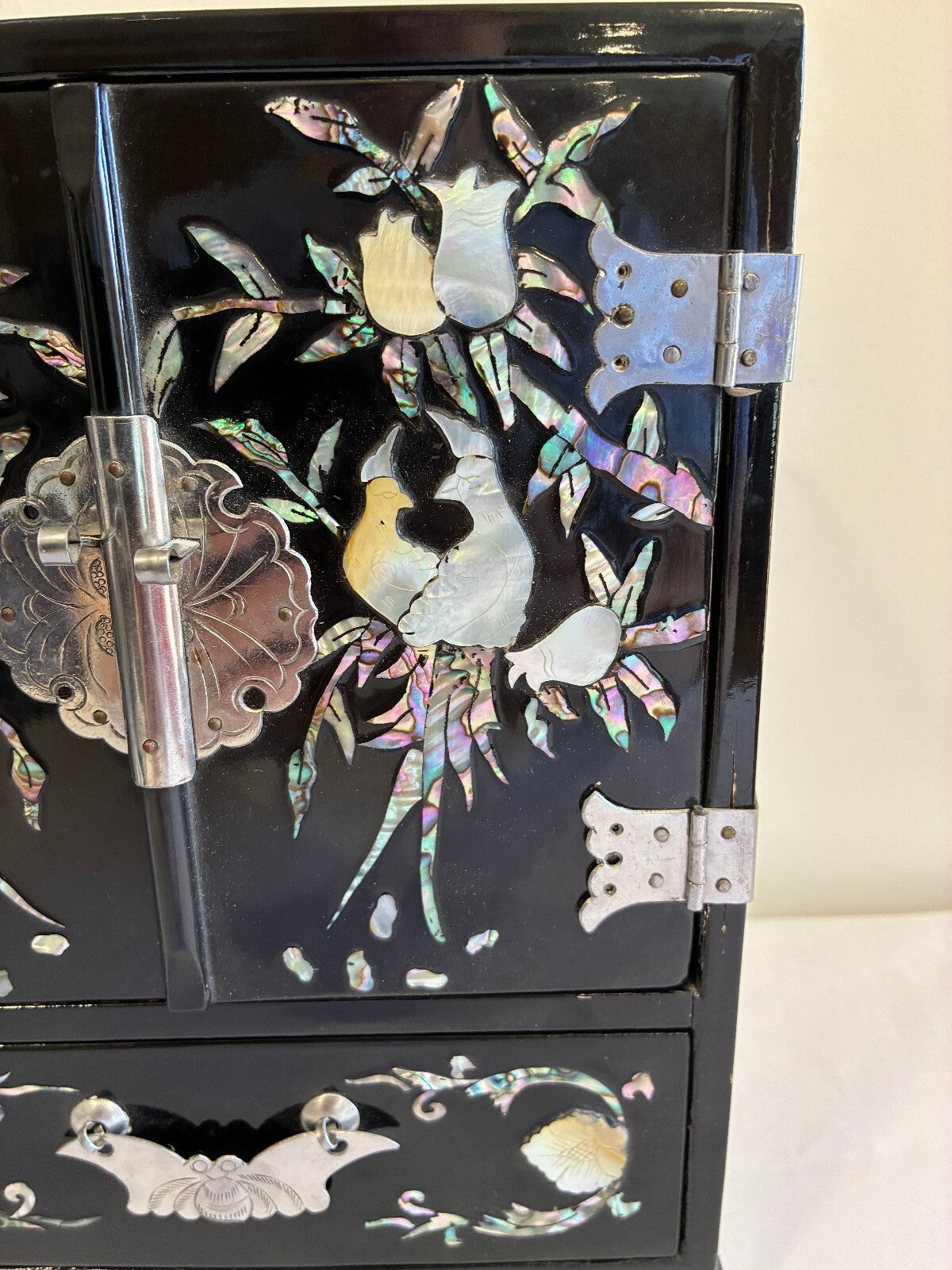Vintage Black Lacquer Mother of Pearl Jewelry Cabinet | Asian Bird Floral Inlay