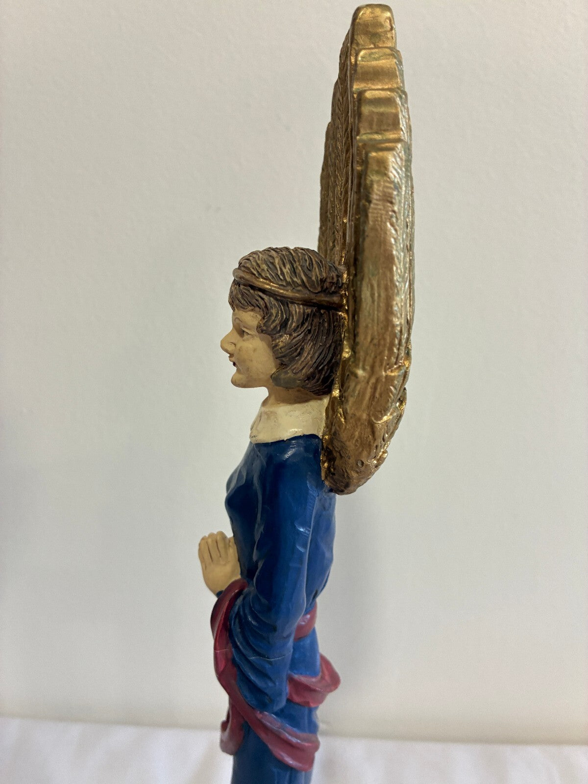 Vintage Blue Angel Figurine with Gold Wings, Painted Statue with Flowers