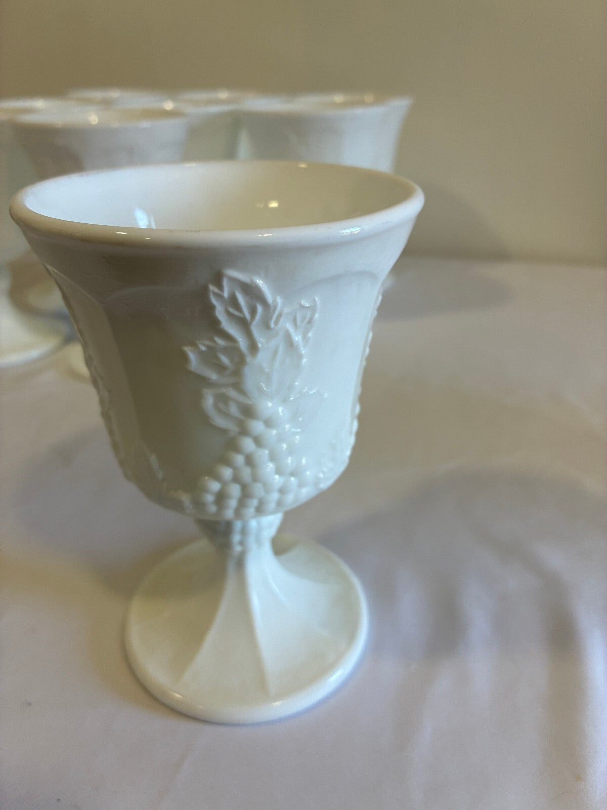 Vintage Milk Glass Goblets Set of 9, White Grape Vine Pattern w/ Pedestal Base