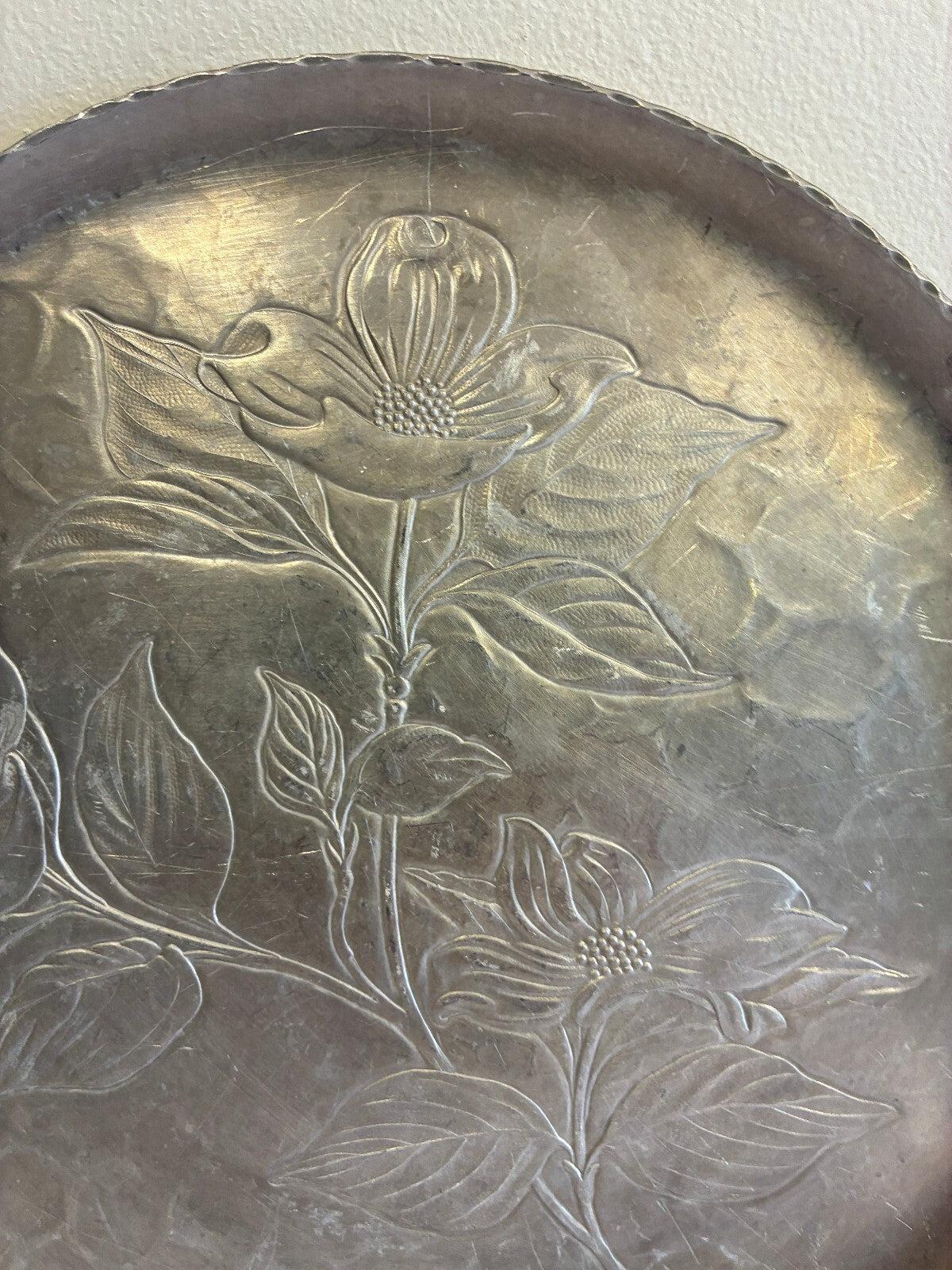 Vintage Hammered Aluminum Serving Tray | Hand Chased Dogwood Flower Design