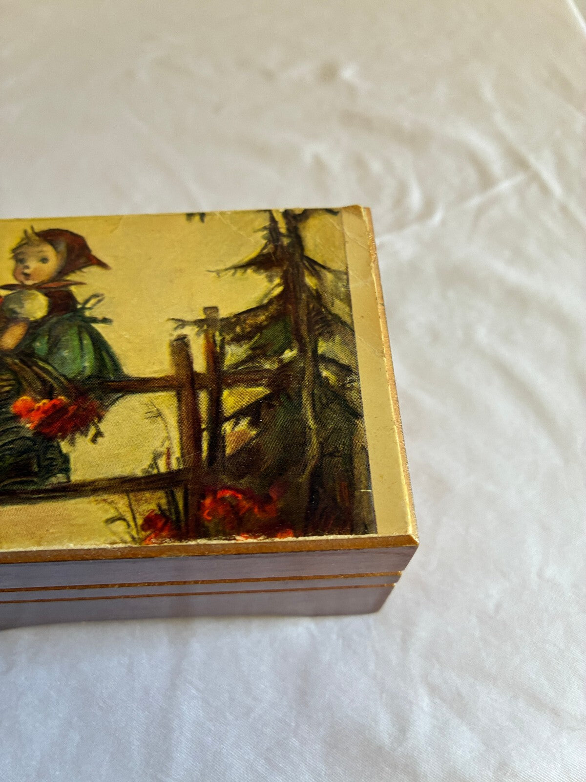 Vintage Reuge Swiss Music Box | Hummel Style Girl Print Wooden Trinket Box