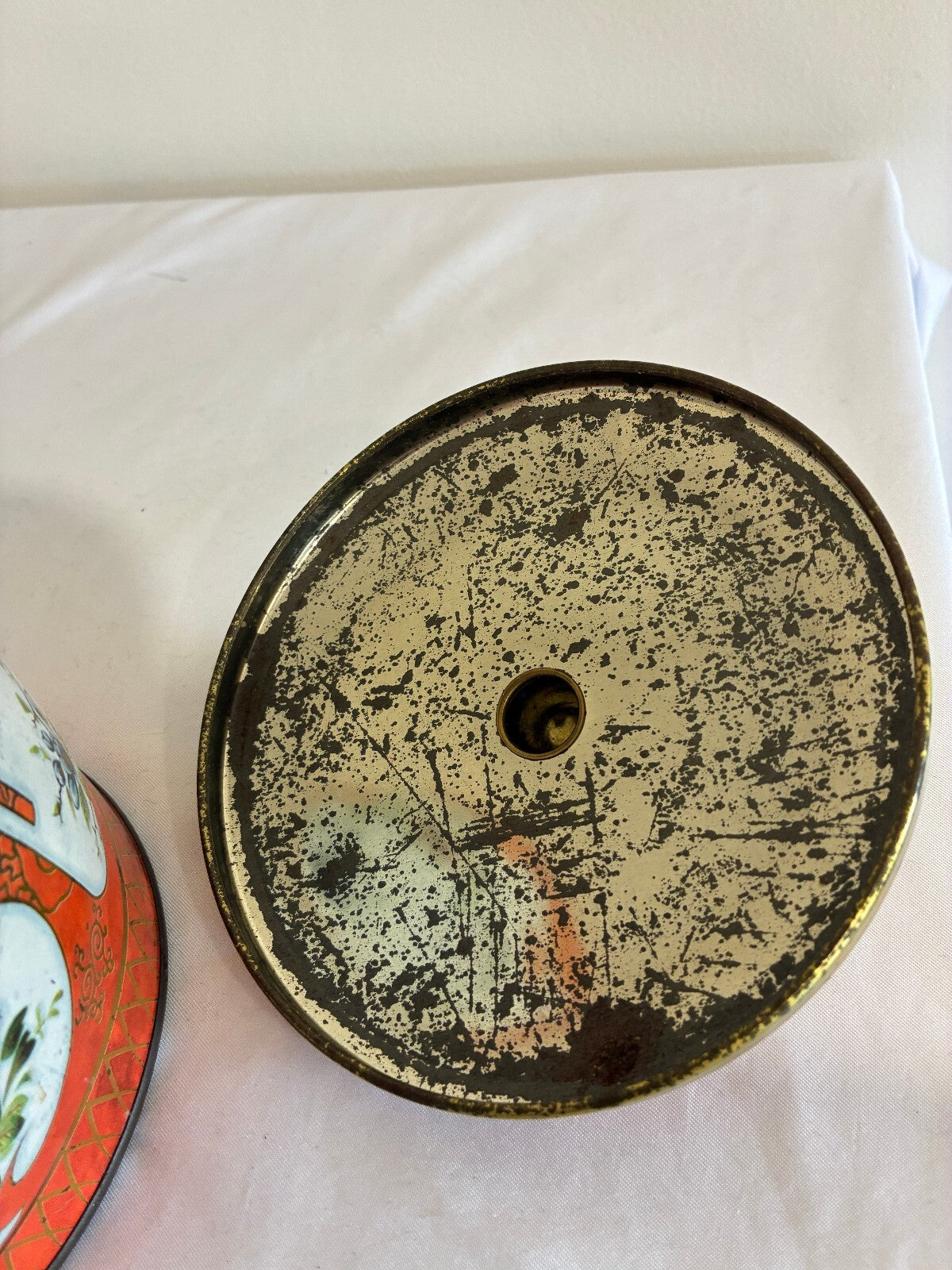 Vintage Daher Tin, Brass Knob Lid, Orange Chinoiserie Canister, Made in England