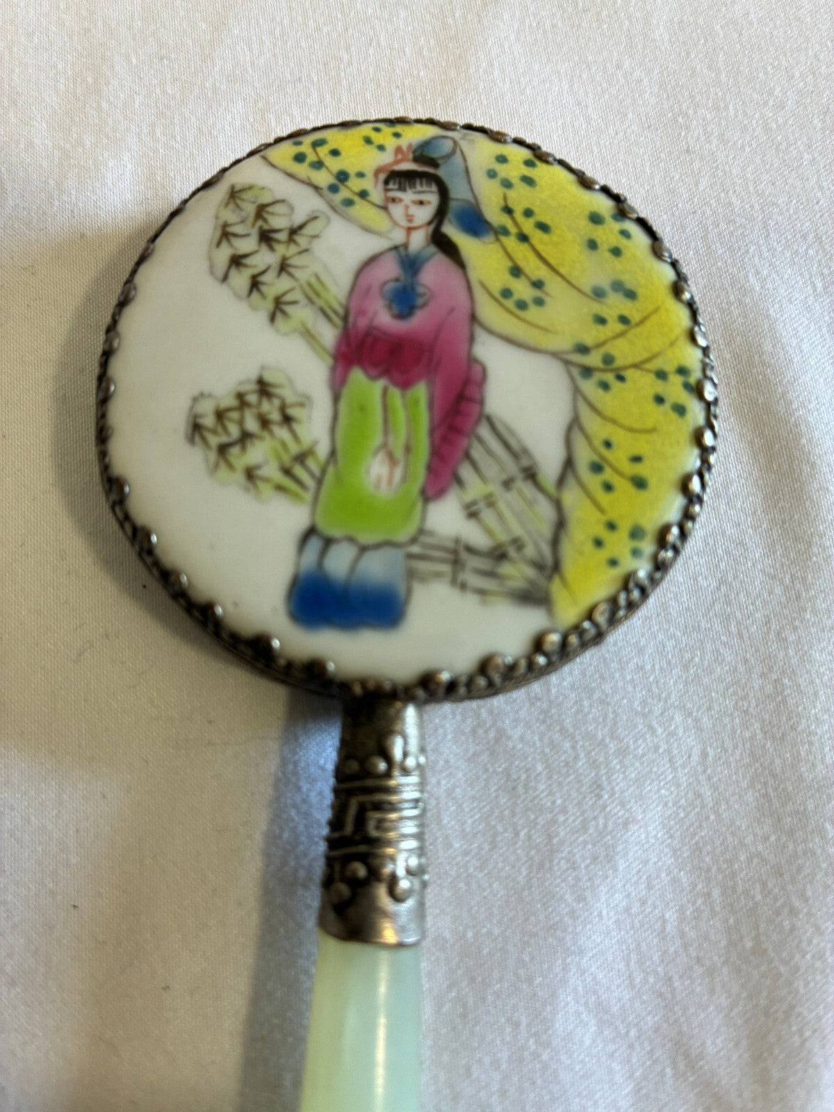 Vintage Painted Hand Mirror Jade Handle Silver Frame Asian Lady Scene