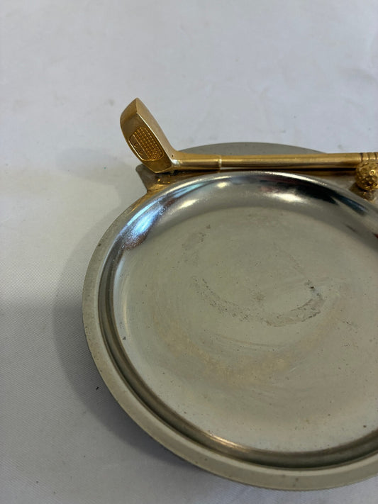 Vintage Golf Ashtray w/ Brass Golf Club & Ball Metal Golfer Gift Desk Decor