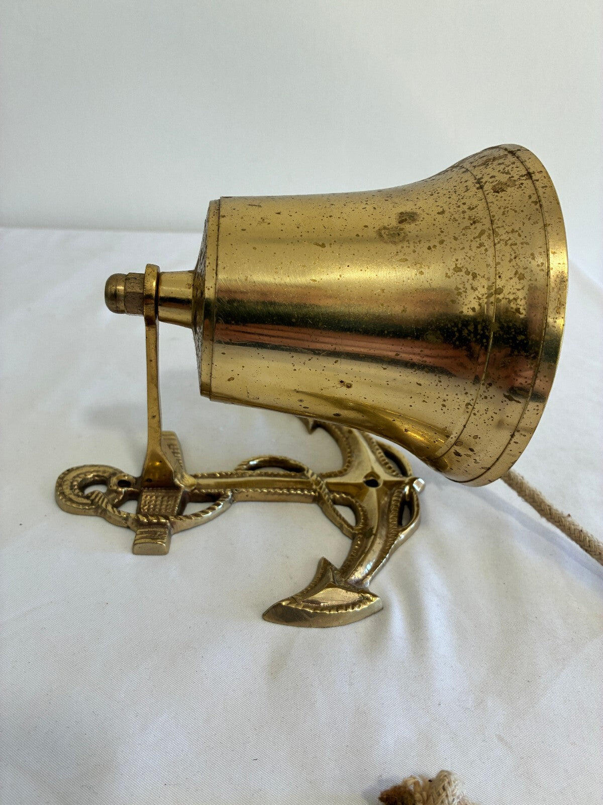 Vintage Solid Brass Anchor Bell with Rope Pull, Nautical Wall Mount Ship Bell