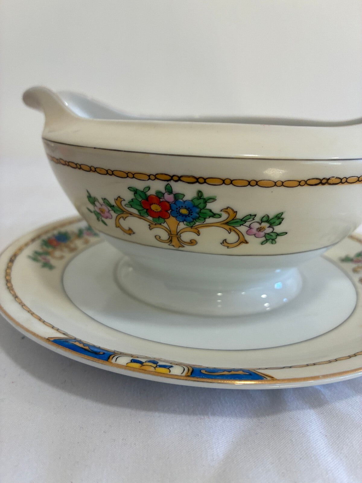 Vintage Meito China Warren Gravy Boat with Attached Underplate, Blue and Gold