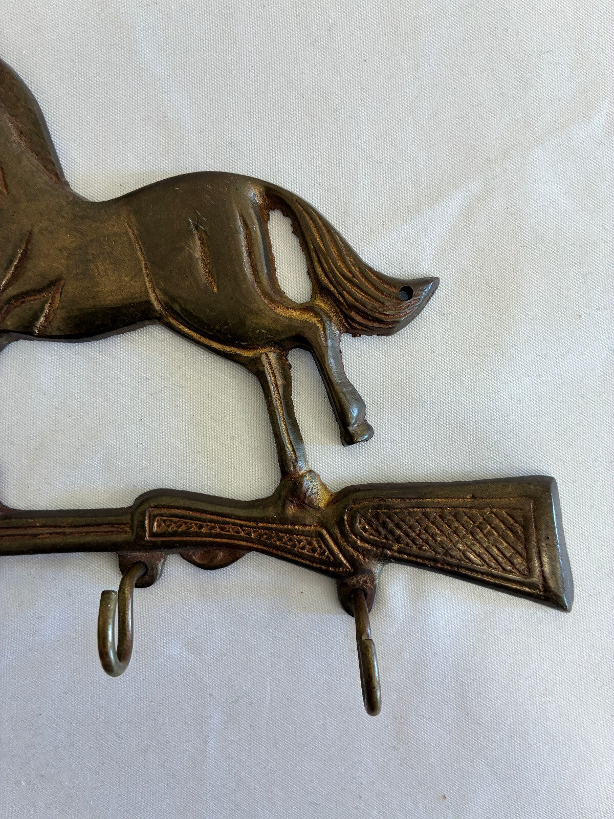 Vintage Brass Horse Key Hook, 4 Hook Wall Rack with Horse & Rifle Western Design