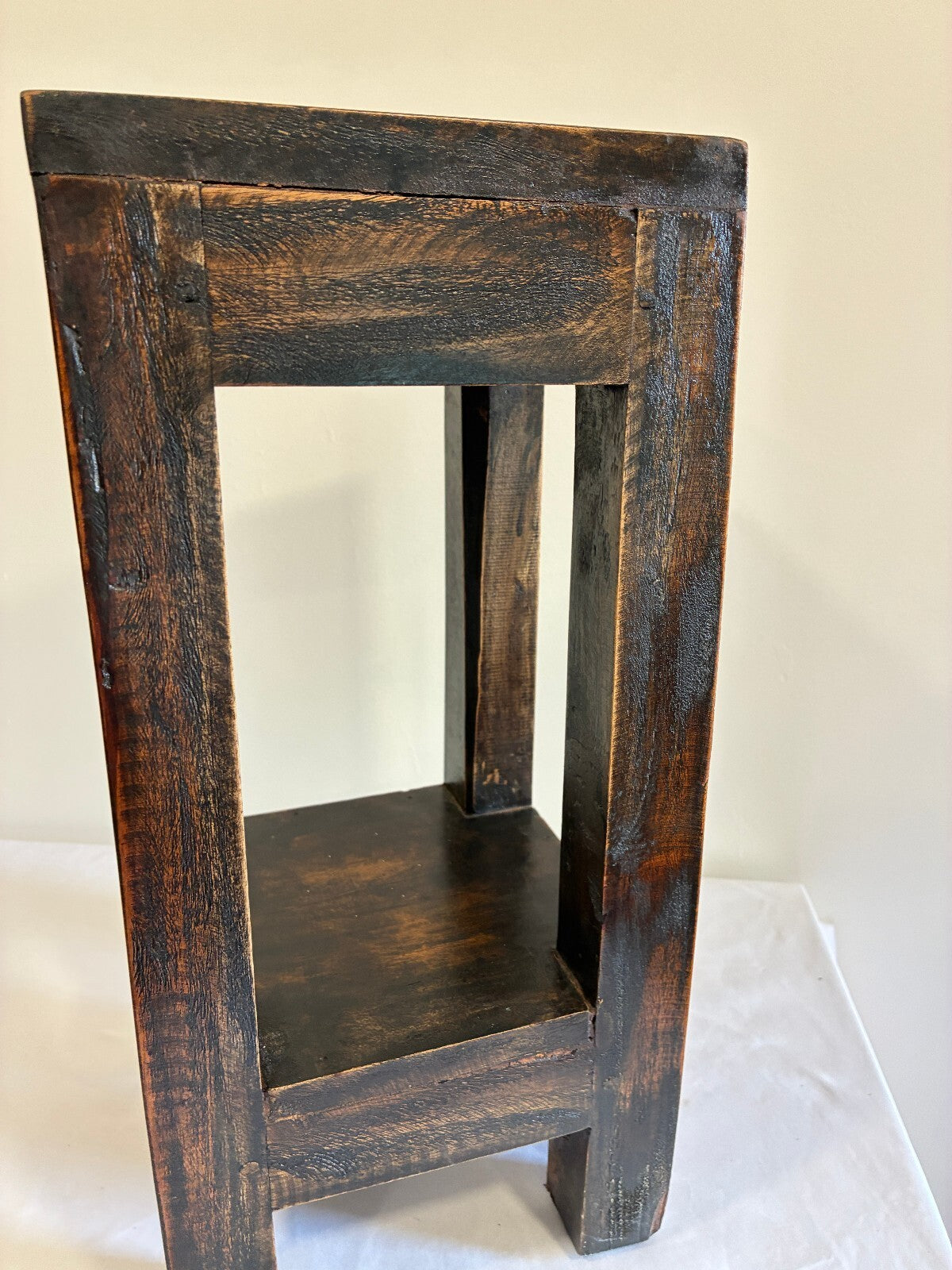 Rustic Solid Pine Wood Plant Stand | Two Tier Dark Wood Side Table