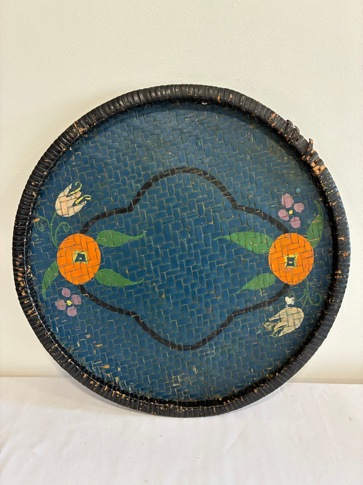 Vintage Woven Basket Tray Painted Oranges Floral