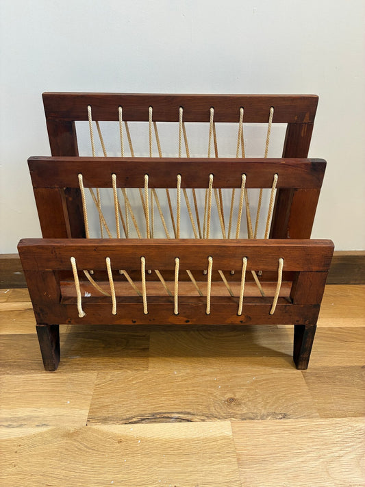 Vintage Wood Magazine Rack, Rope Laced Danish Modern Style, Mid Century Wood