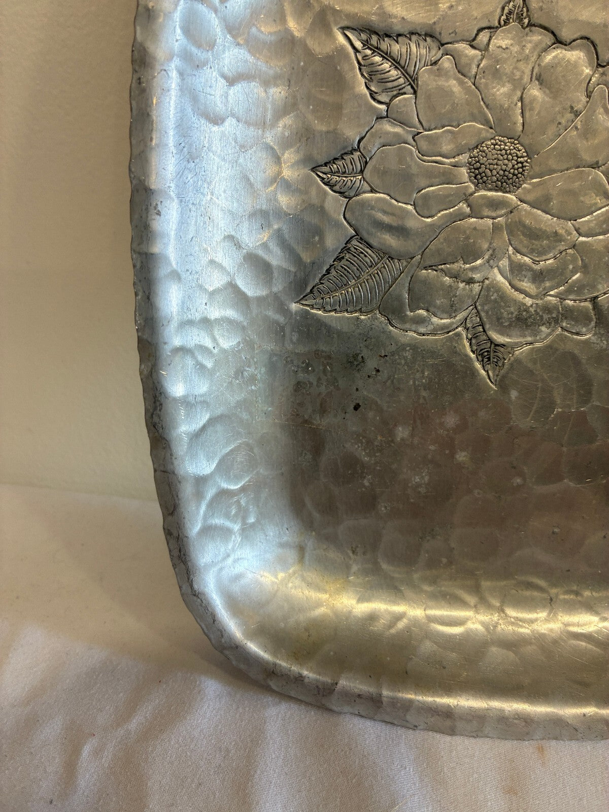Vintage Farberware Wrought Aluminum Tray | Etched Flower Hammered Serving Dish