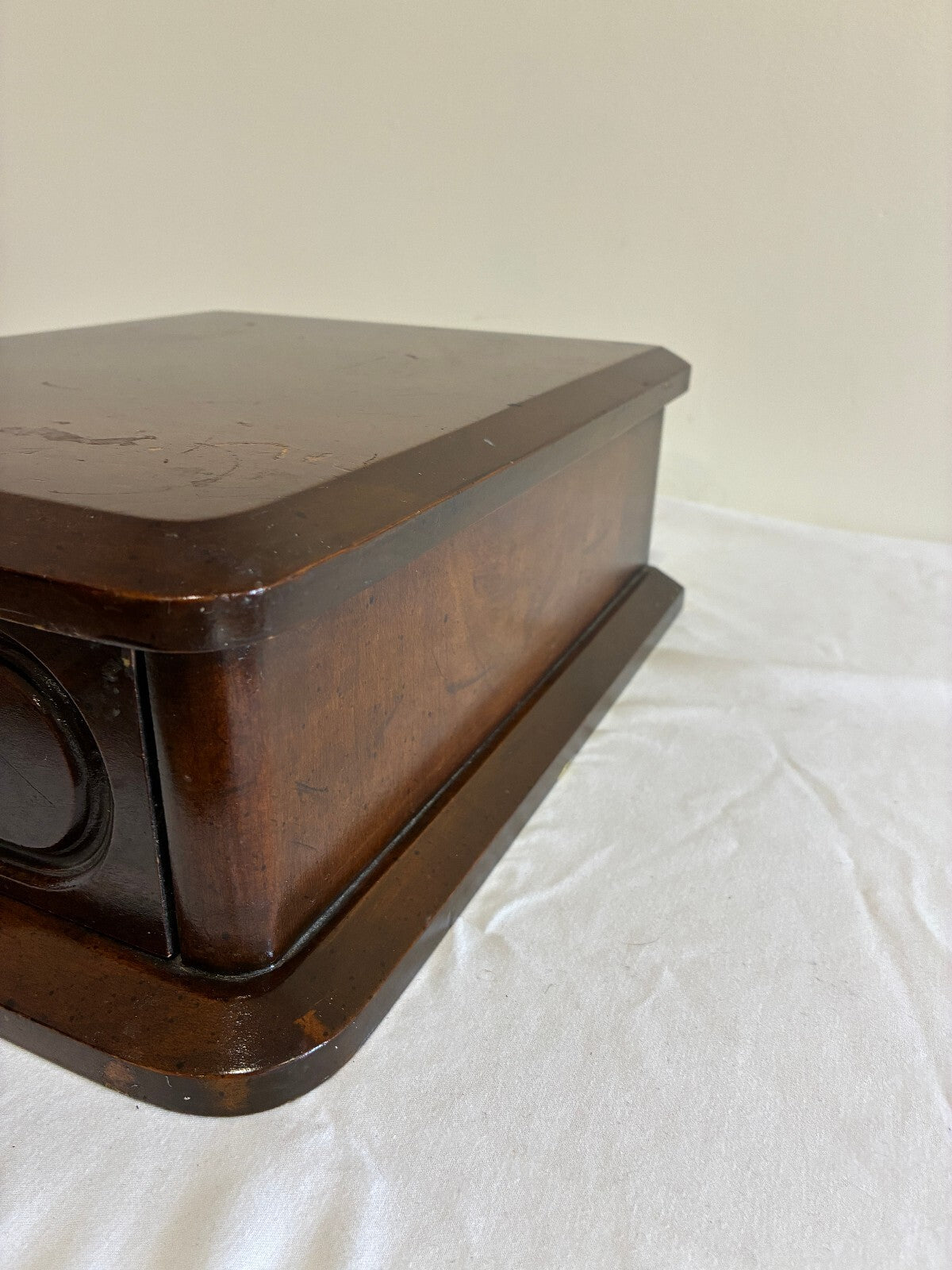 Vintage Davis Cabinet Company Wooden Box with Drawer, Antique Cherry Finish, Carved Leaf Pull, Nashville Tennessee