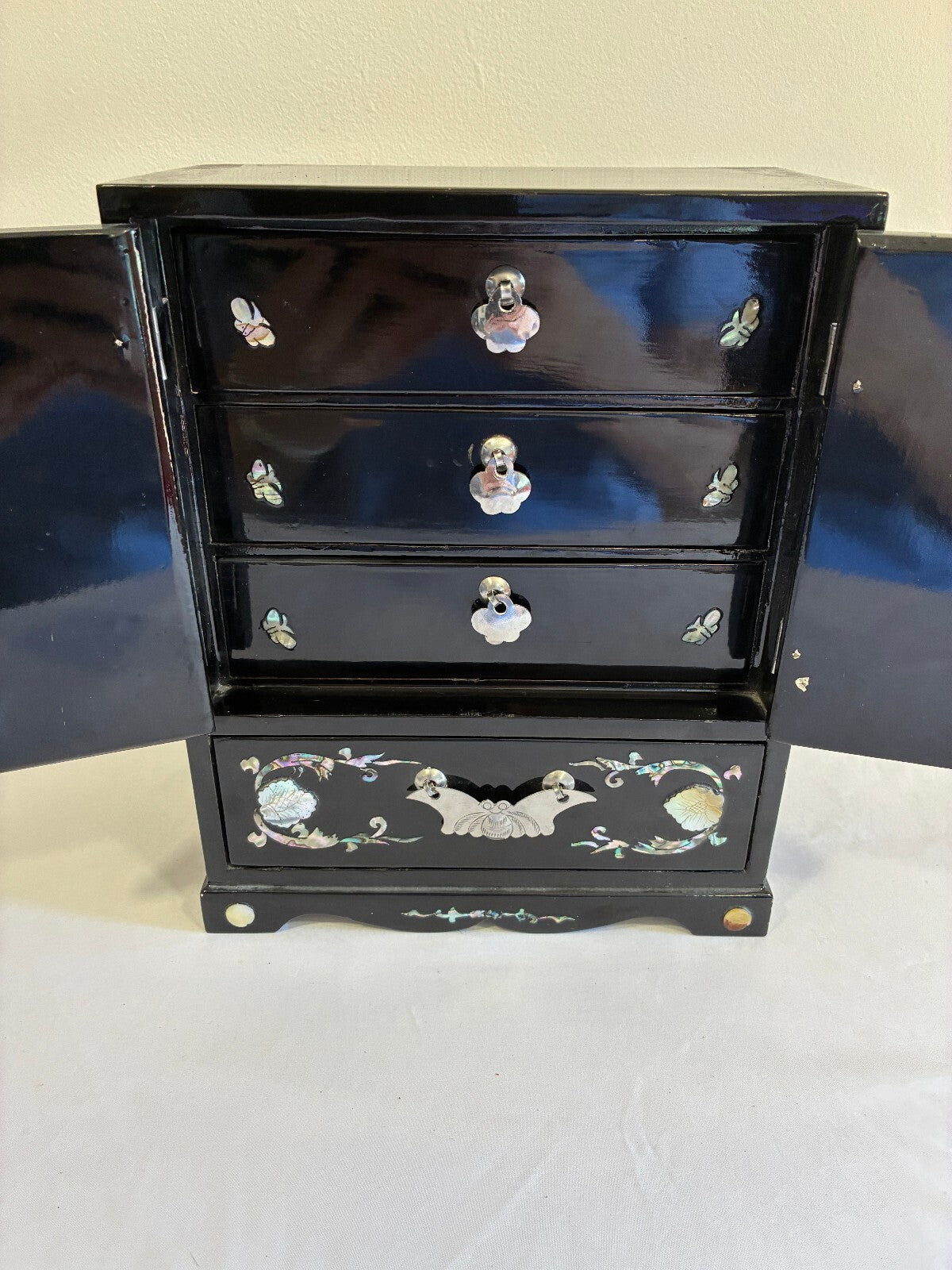Vintage Black Lacquer Mother of Pearl Jewelry Cabinet | Asian Bird Floral Inlay