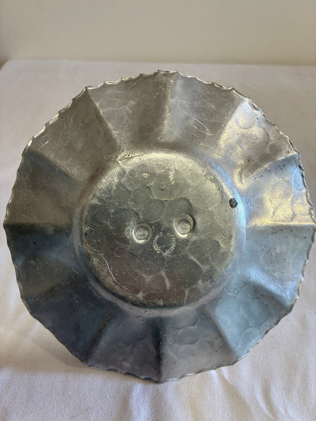 Vintage Hand Wrought Aluminum Handled Tray | Floral Hammered Serving Dish