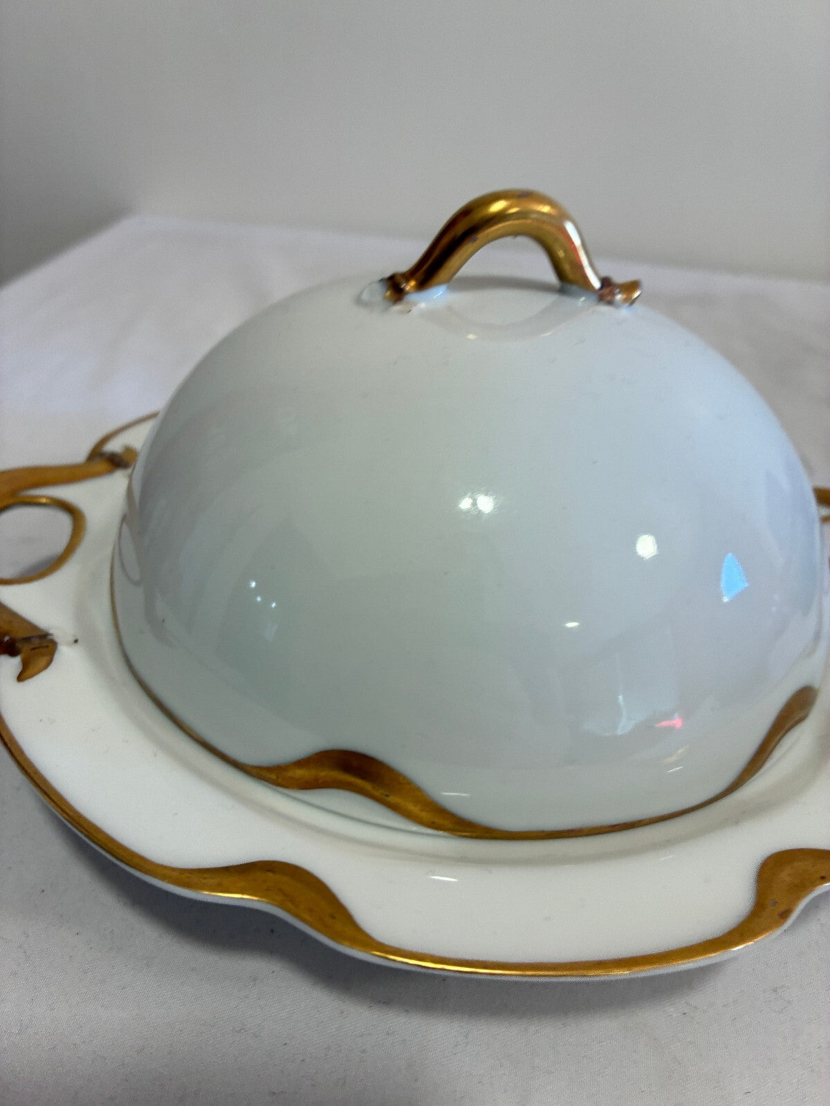 Antique Haviland & Co Limoges Domed Butter Dish | Gold Gilt Handles, France