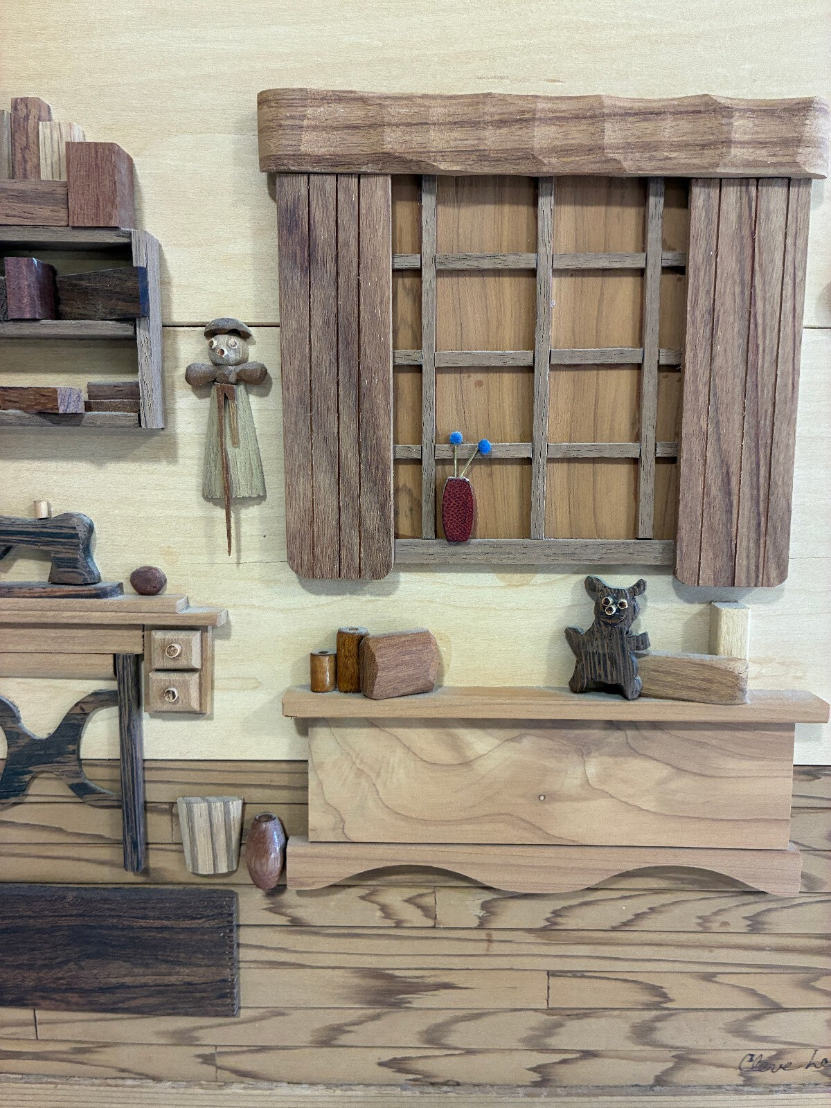 Signed Cleve Lewis Wood Marquetry Diorama "Grandma's Passion" 1994 | Handmade Folk Art
