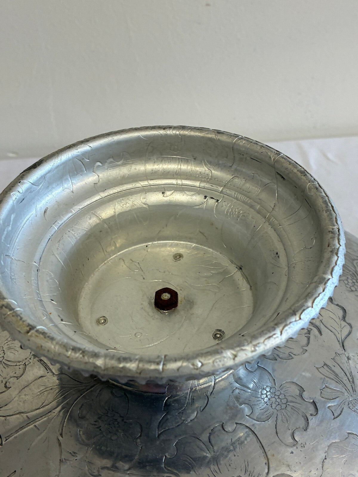 Vintage Hammered Aluminum Nutcracker Bowl,Etched Floral Handled Centerpiece Bowl