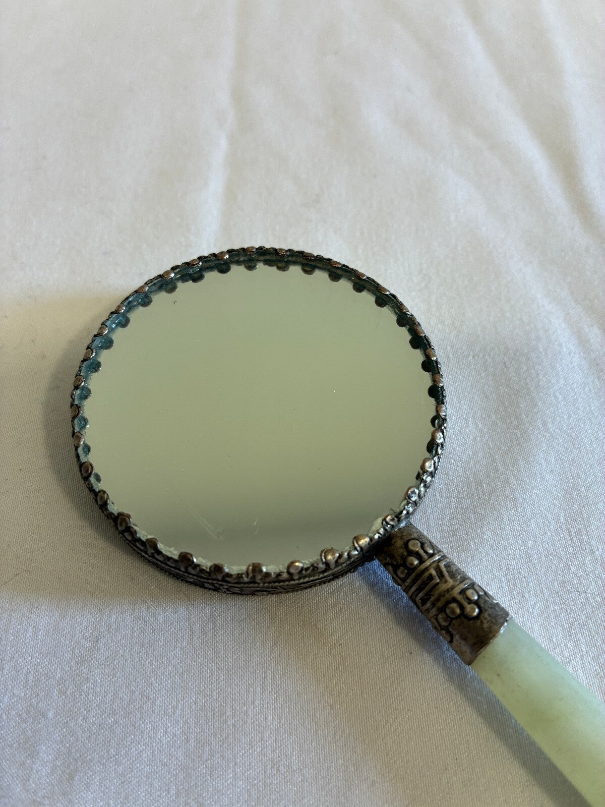 Vintage Painted Hand Mirror Jade Handle Silver Frame Asian Lady Scene