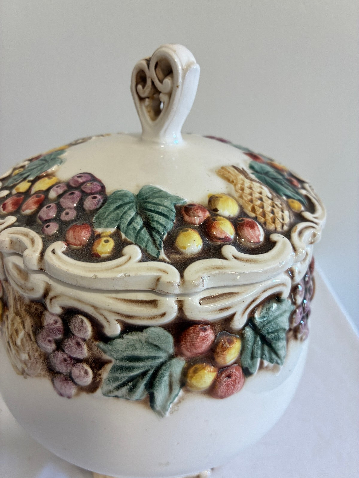 Vintage Lefton Majolica Style Lidded Jar | Raised Fruit & Grape Ceramic Canister