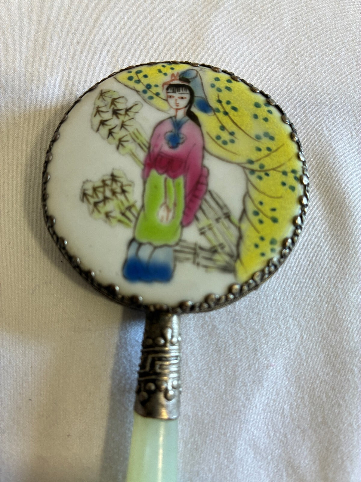 Vintage Painted Hand Mirror Jade Handle Silver Frame Asian Lady Scene