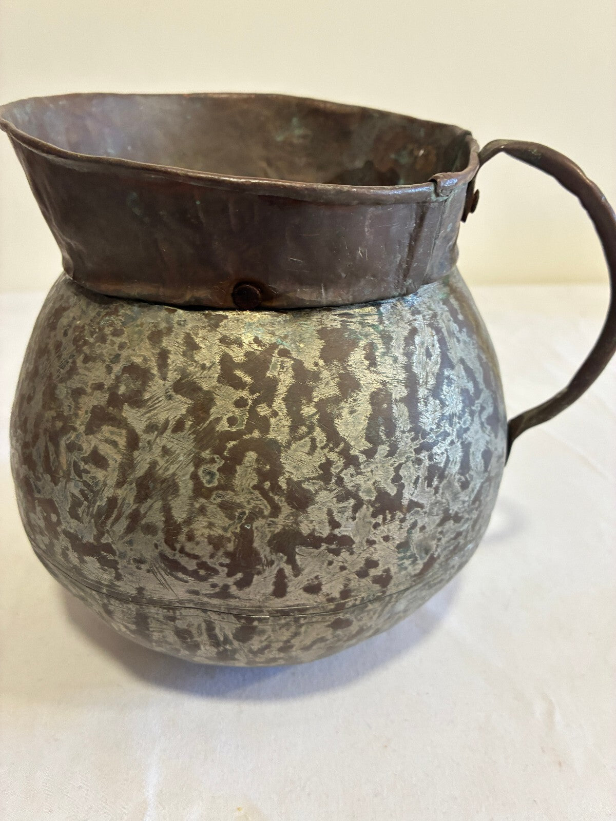 Antique Hand Hammered Copper and Tin Pitcher | Rustic Primitive Water Jug