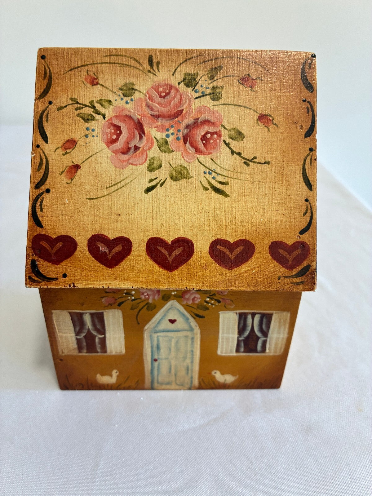 Vintage Hand Painted Wooden House Box with Drawer | Folk Art by Janet Lee