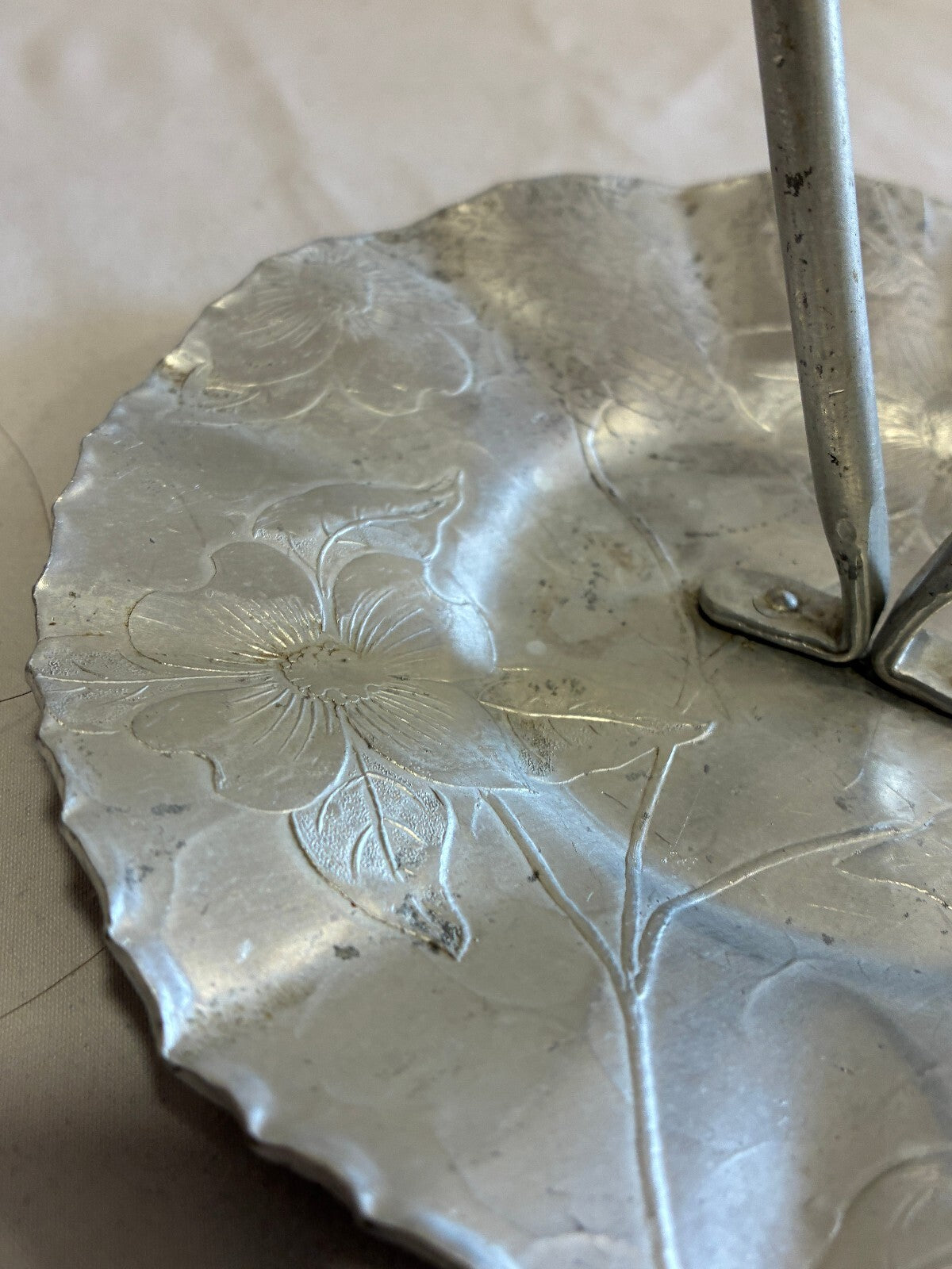 Vintage Hand Wrought Aluminum Handled Tray | Floral Hammered Serving Dish