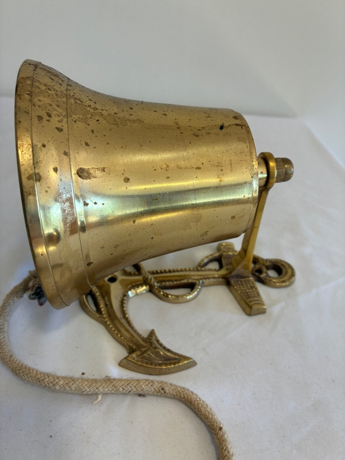Vintage Solid Brass Anchor Bell with Rope Pull, Nautical Wall Mount Ship Bell