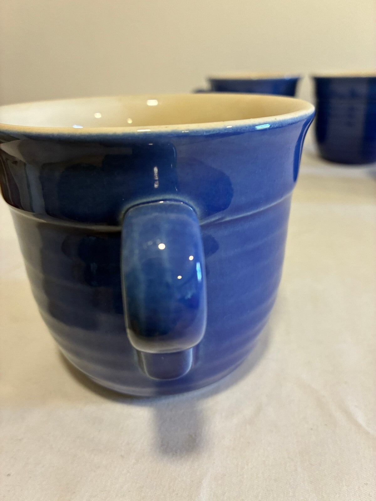 Vintage Emile Henry France Cobalt Blue Mugs Set of 4, Ribbed Stoneware Cups
