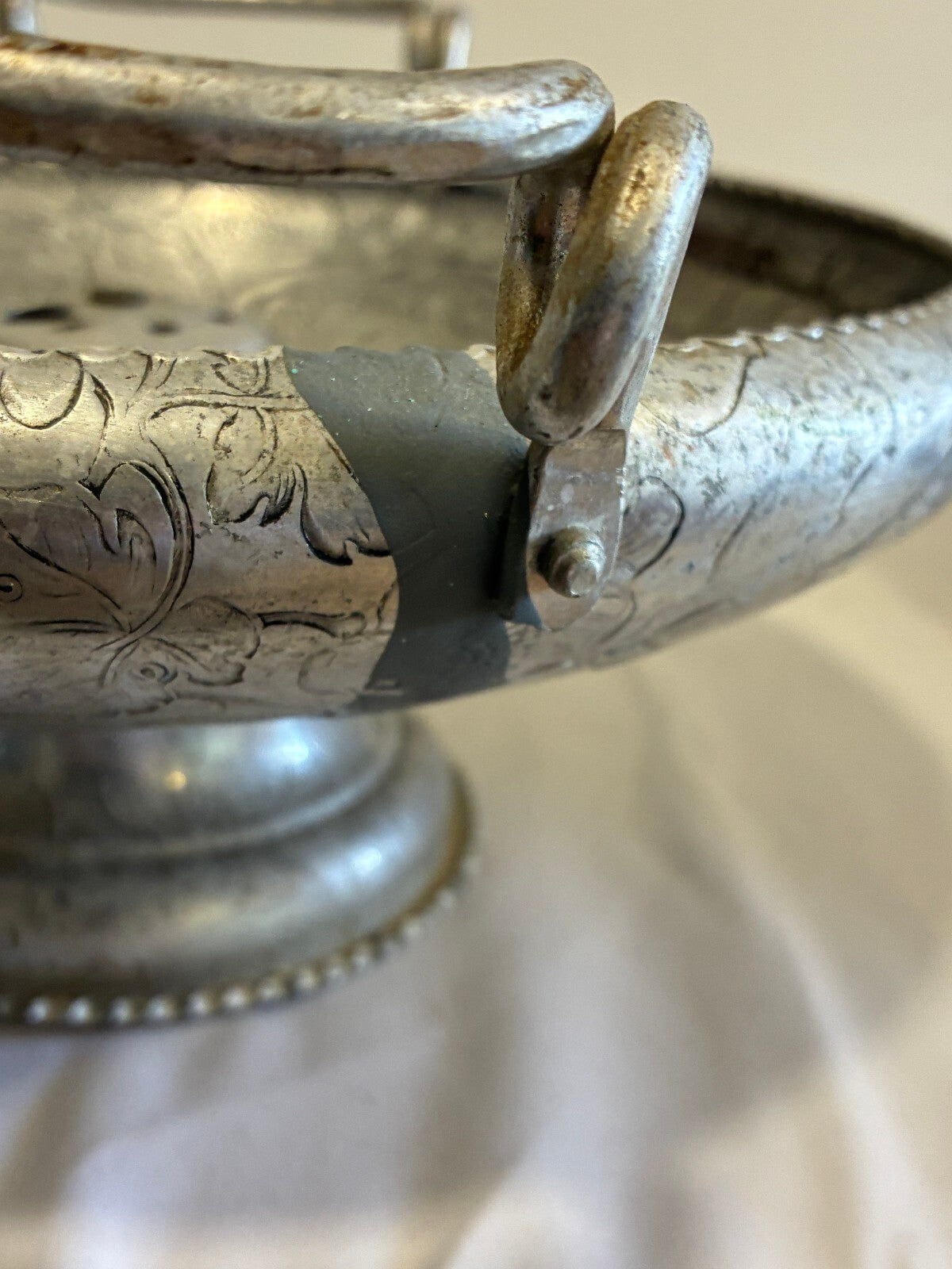 Vintage Hammered Aluminum Nutcracker Bowl,Etched Floral Handled Centerpiece Bowl